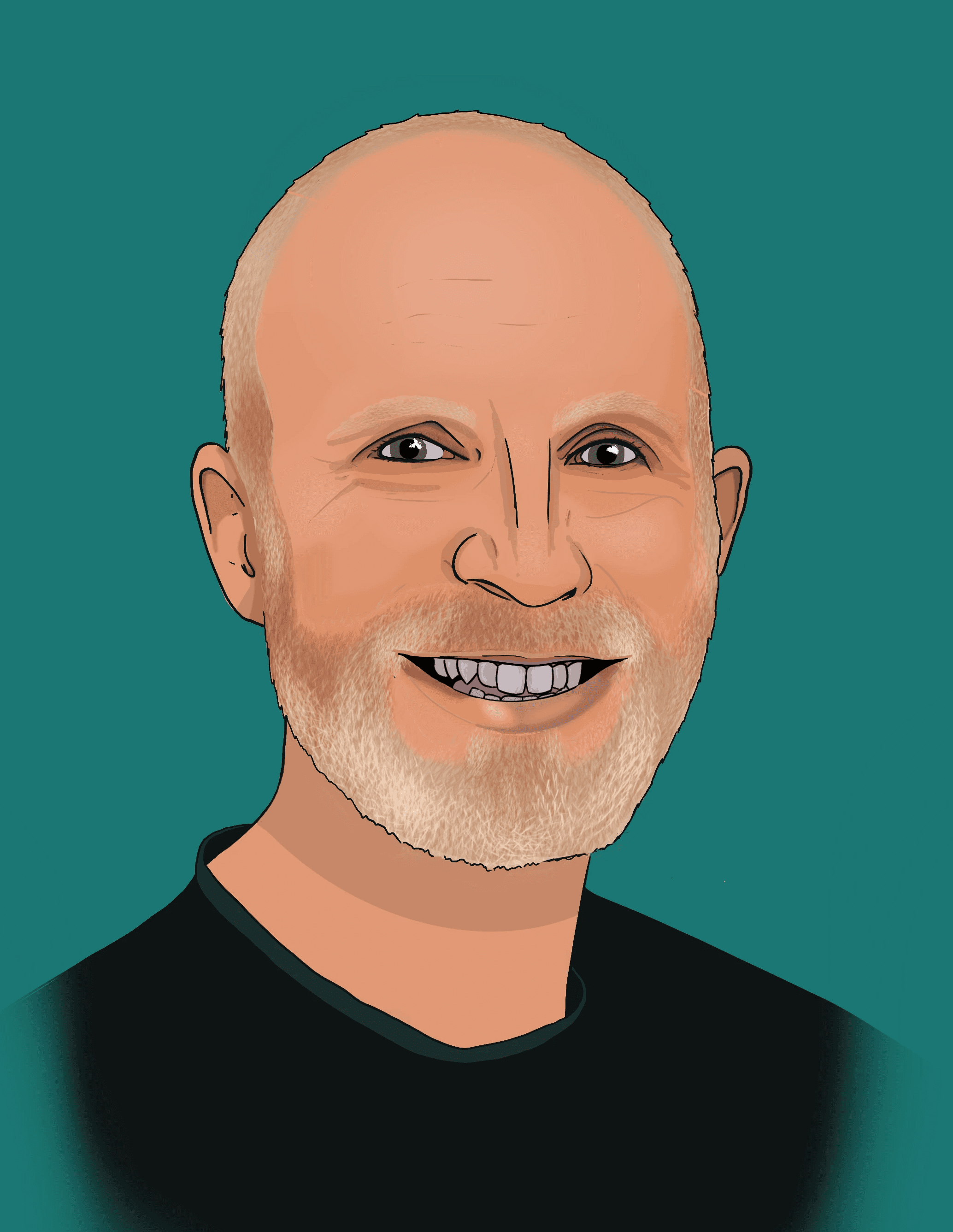 a selfie/self portrait of Jim the business owner - he has a short beard, hair on his head and a slight smile. this photo is Black and white