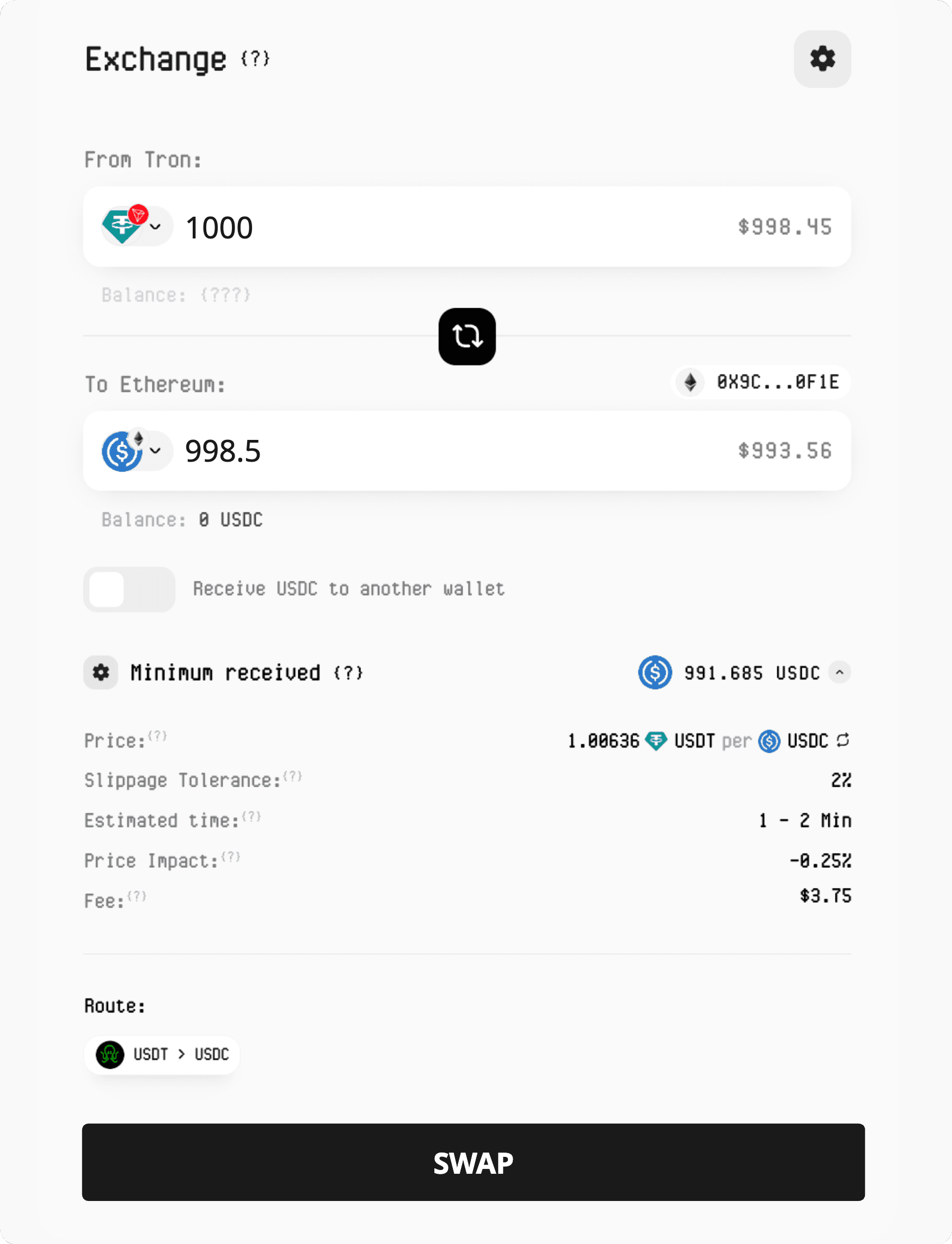 USDT TRC20 to USDC ERC20  cross-chain bridge route example in Symbiosis WebApp