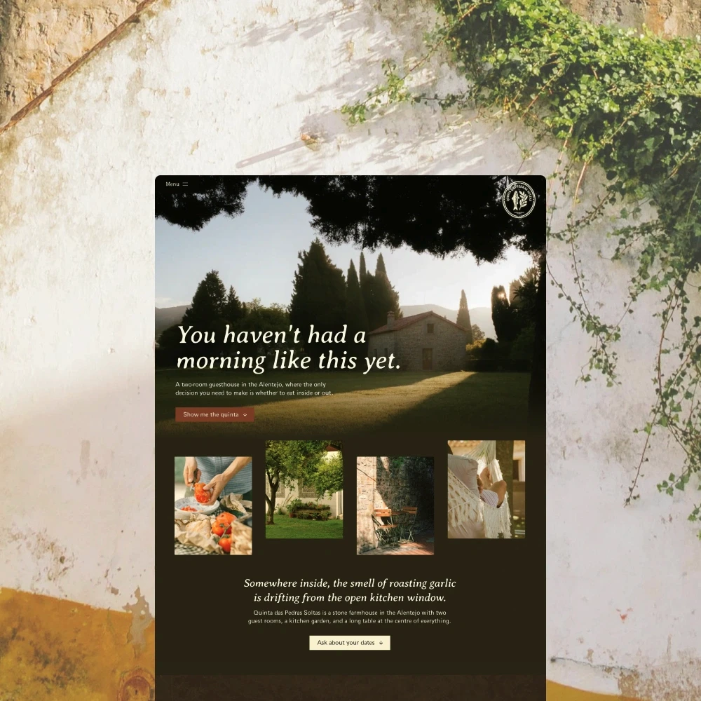 Website design for a humble guesthouse featuring warm, earthy tones and photography, layered over a white textured wall background.