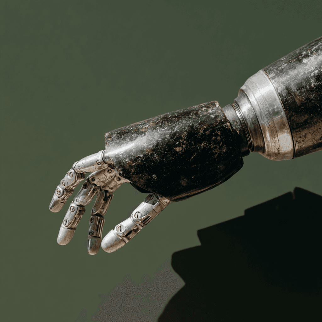 A detailed, metallic robotic hand with visible joints and a weathered dark forearm extends against a deep green.