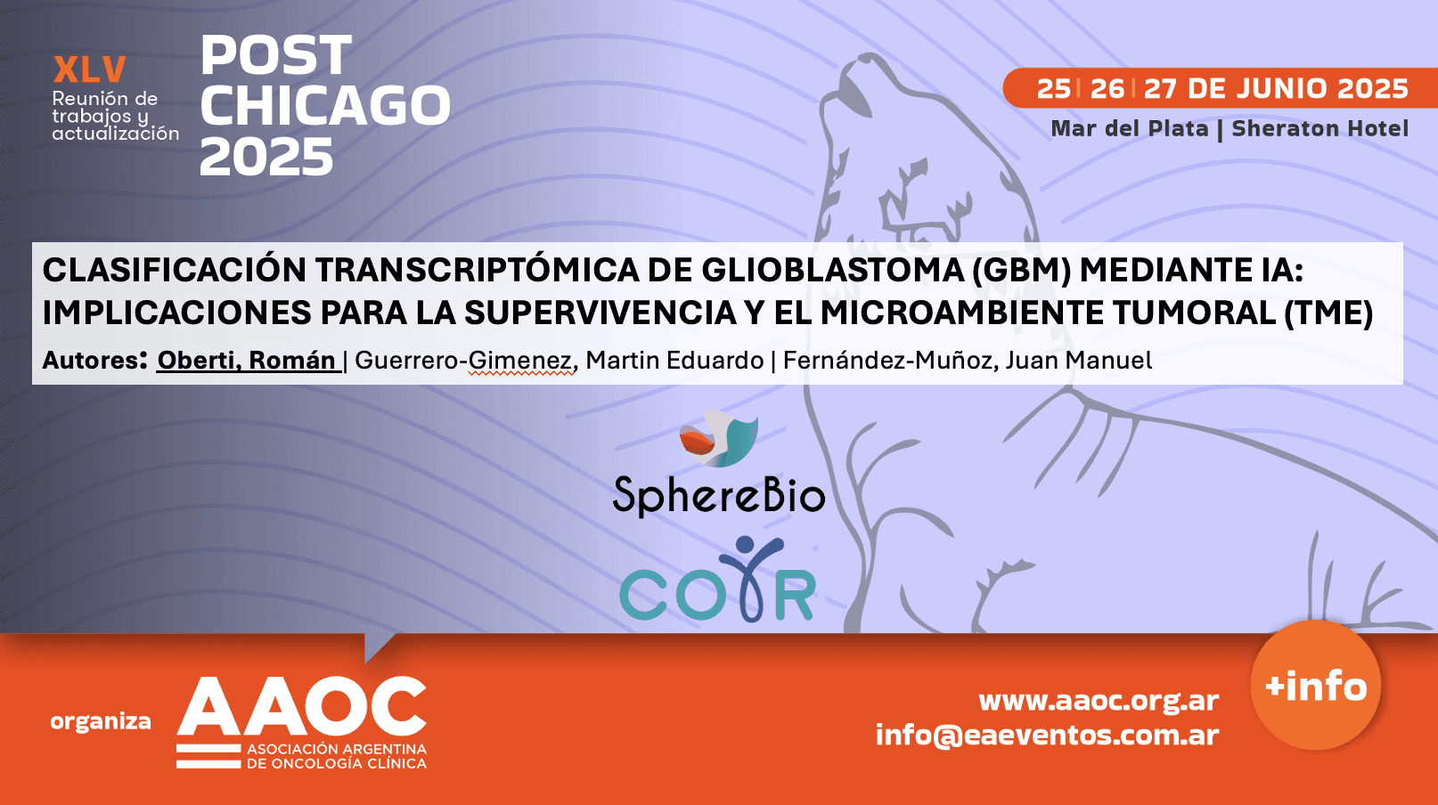 Conference poster for "Post Chicago 2025" featuring a presentation on glioblastoma classification with AI.