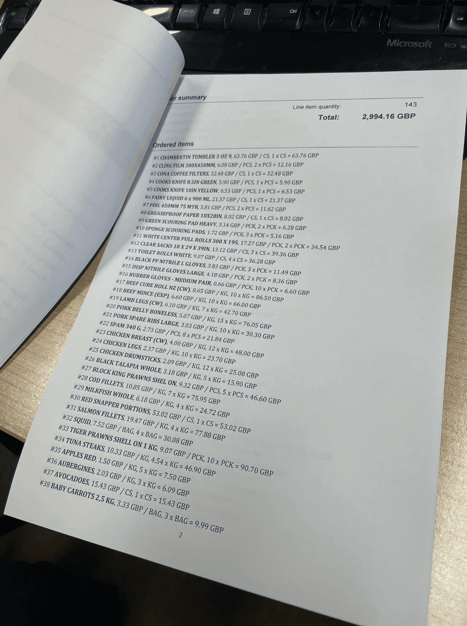 Line items listed in an order request at the warehouse