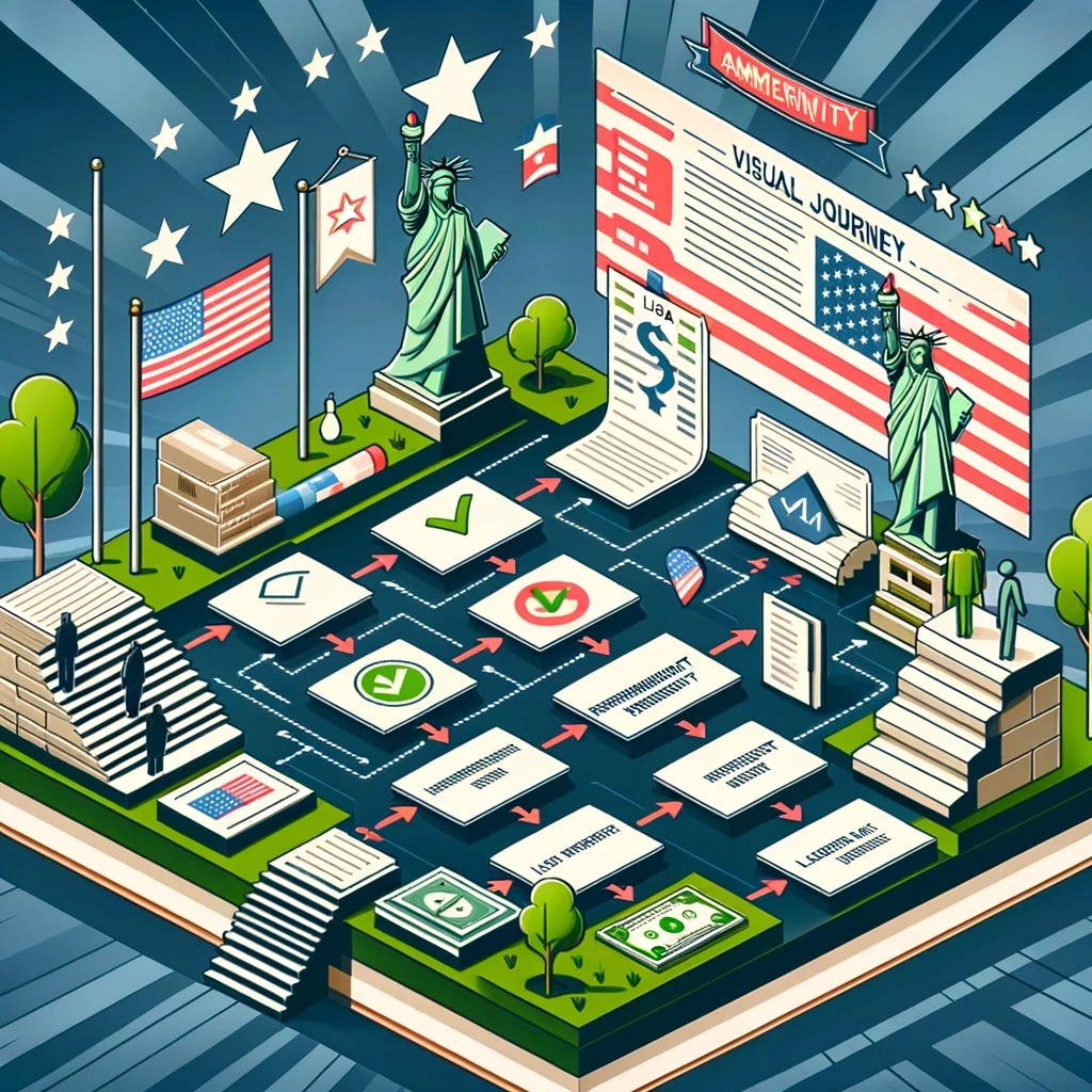 A detailed flowchart depicting the transition from L1 visa to Green Card against a backdrop of American symbols, guiding professionals through the complex process of achieving permanent residency in the U.S.