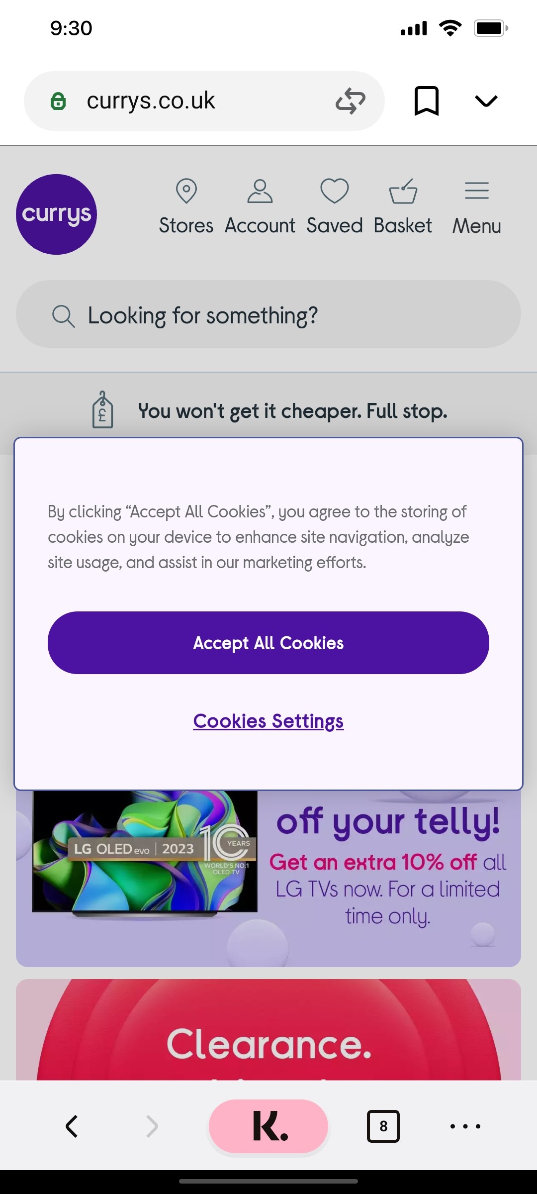 Klarna  Accept all Cookies Page Screen
