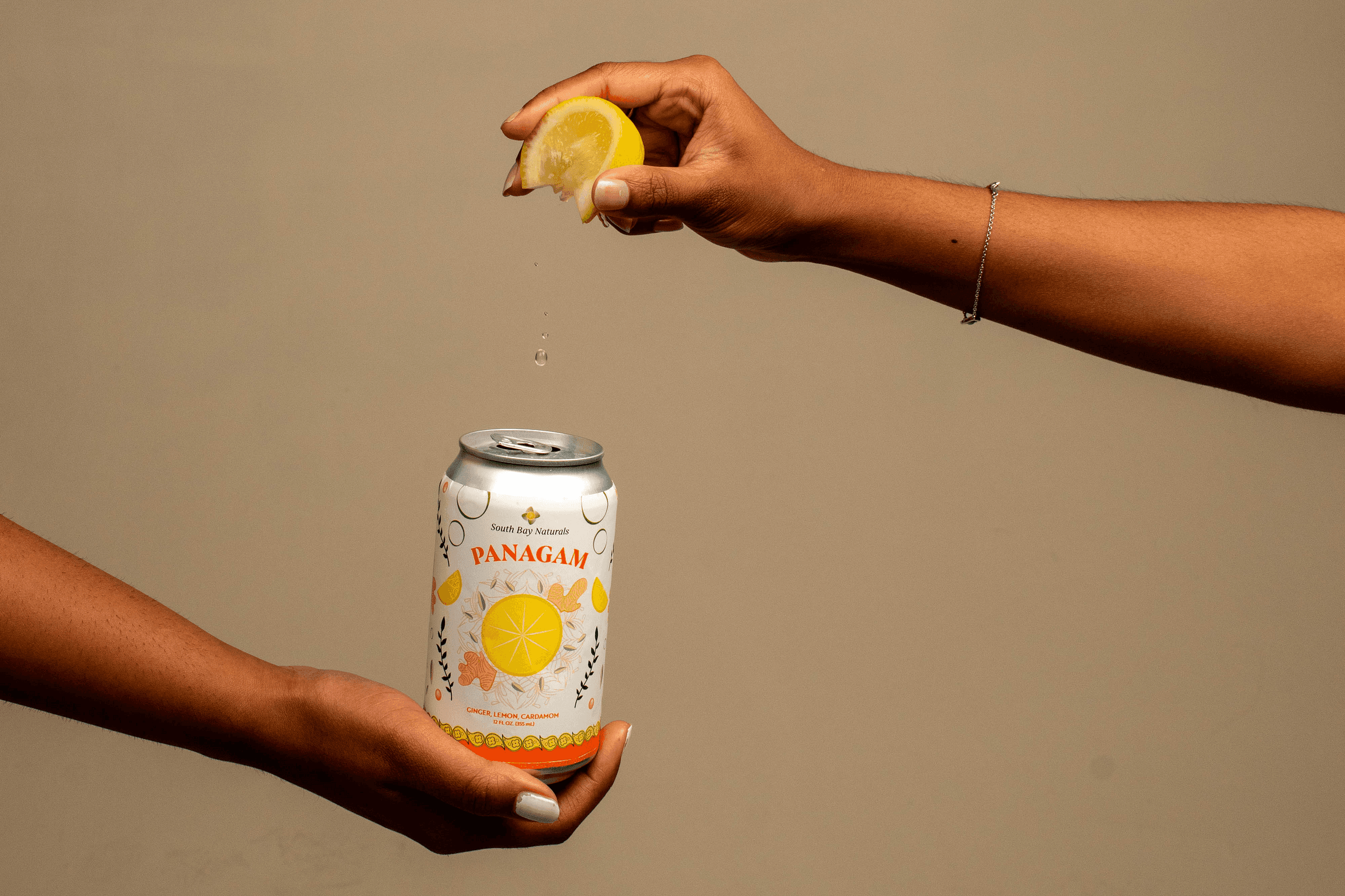 A photo of the redesigned South Bay Naturals new packaging for their Panagam soda.