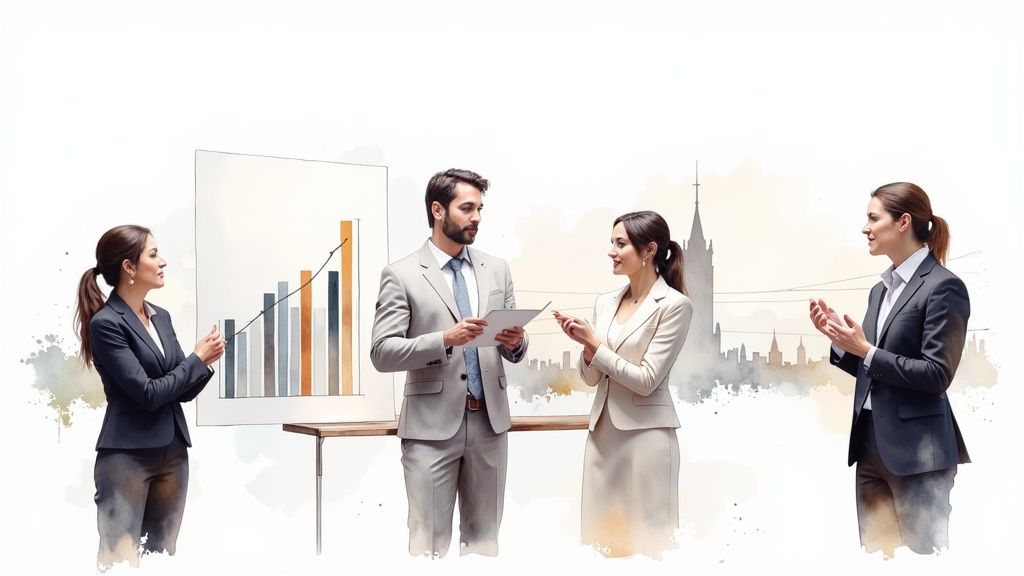 Cuatro profesionales de negocios, dos hombres y dos mujeres, discutiendo datos con un gráfico de barras, en un estilo de acuarela.