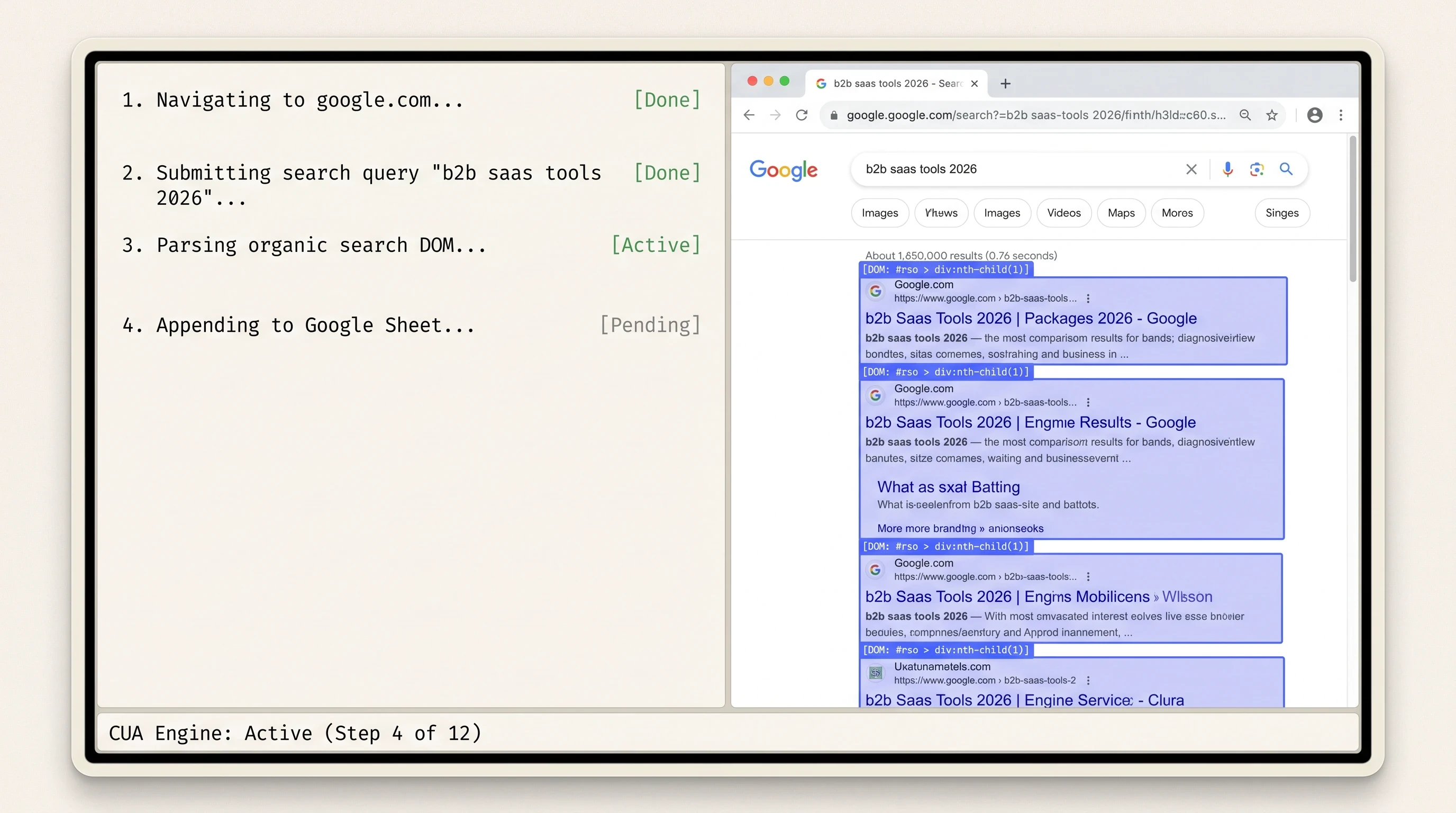 Teaching reconstruction of Operator virtual browser interface with live DOM action stream and structured deliverable extraction