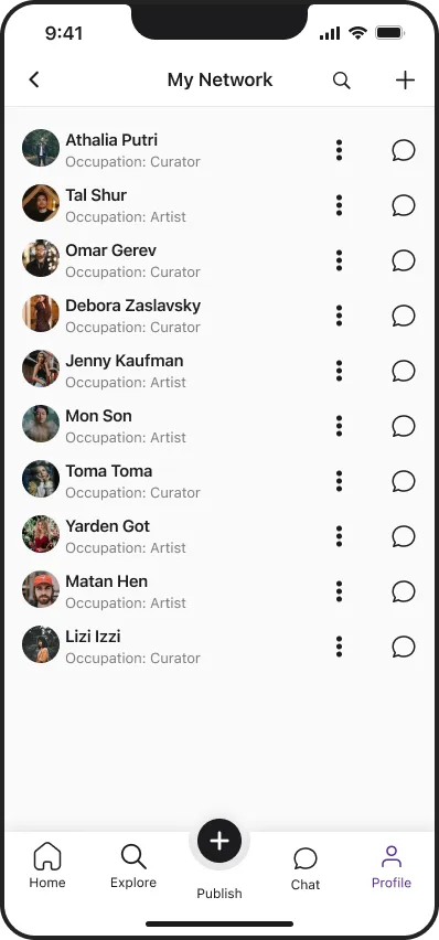 artyshock mobile app my network screen
