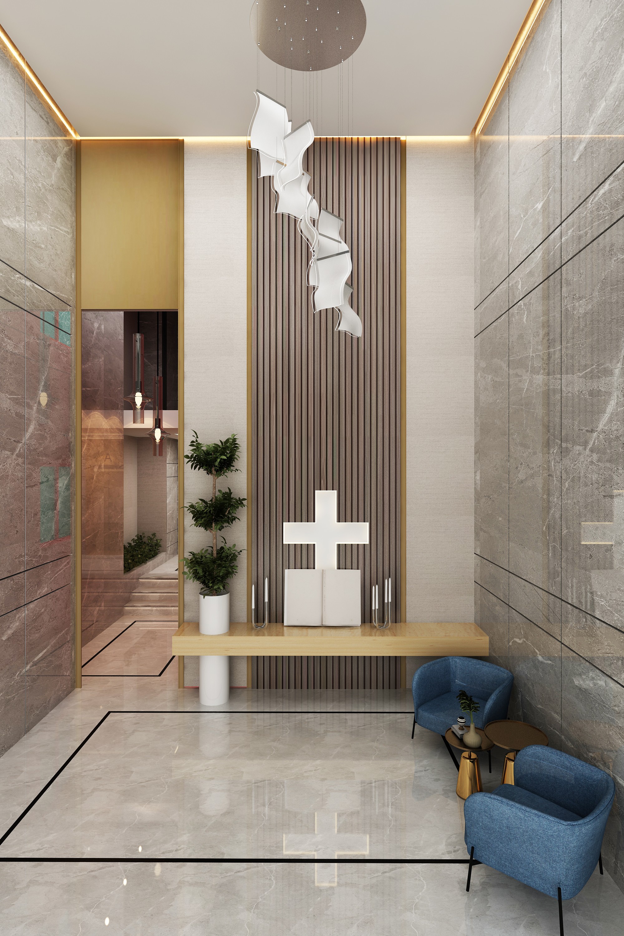 Apartment building showing tiered facade design with large balconies and planter edges