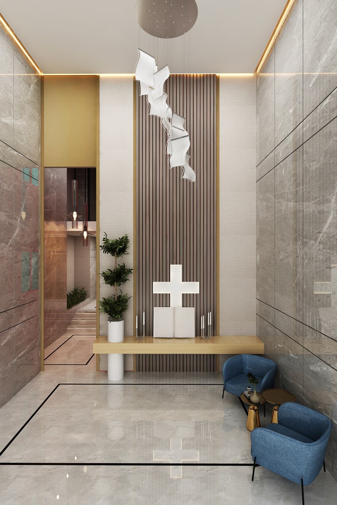 Modern residential building with stepped terraces, glass railings, and rooftop greens