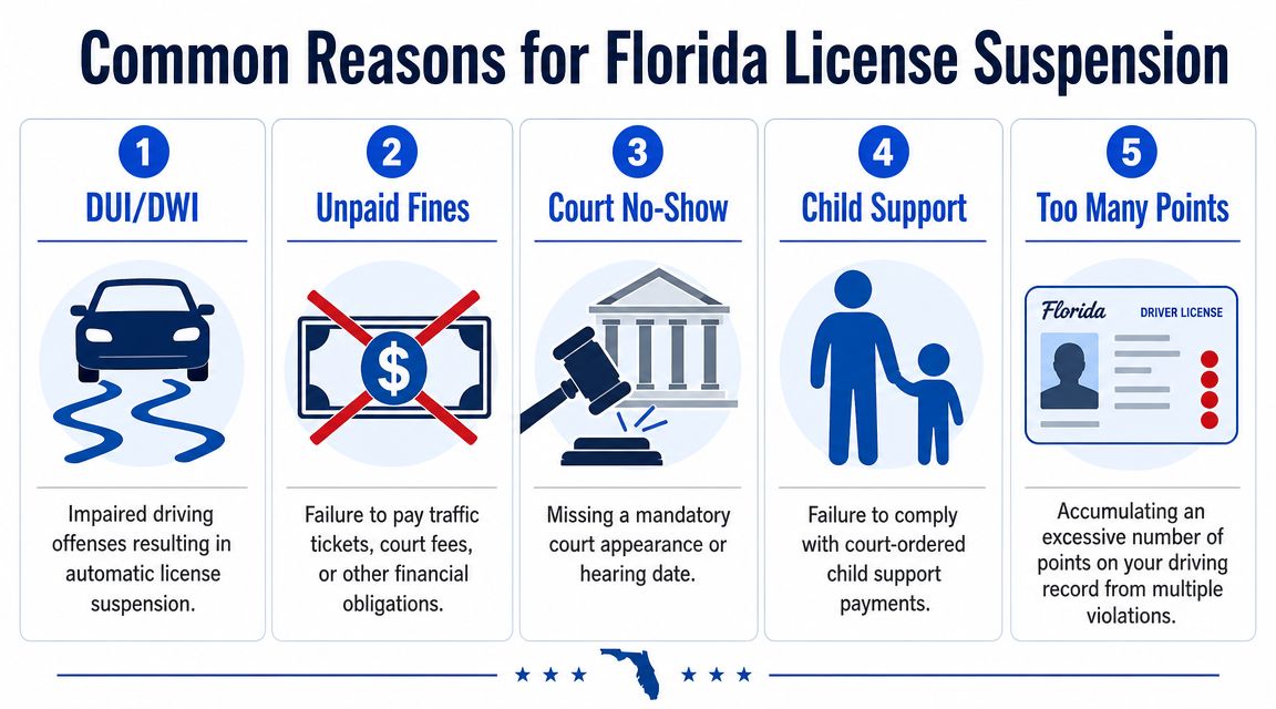 An infographic detailing five common reasons for Florida driver license suspension, including DUI, unpaid fines, and points.