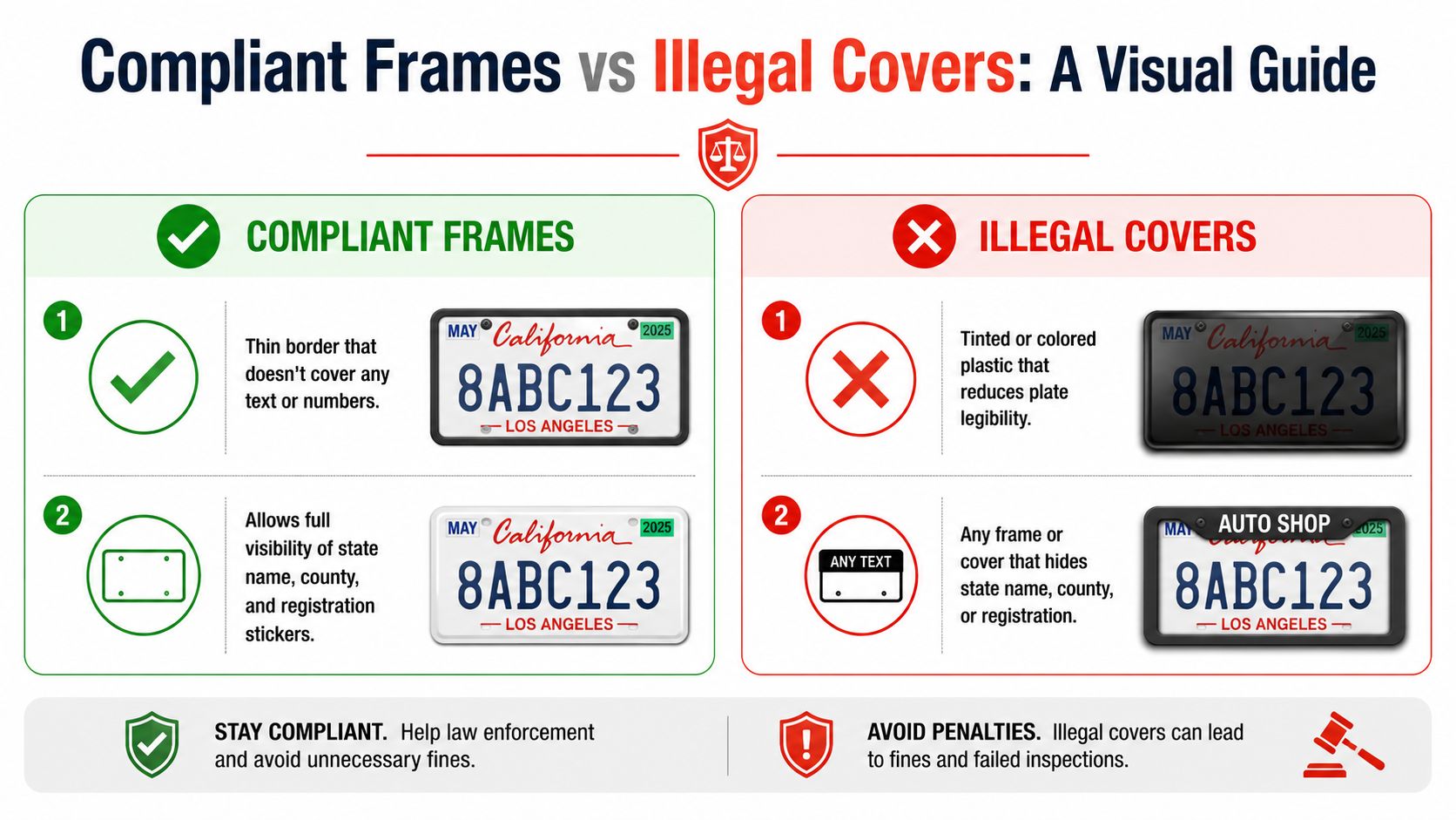A visual guide comparing compliant license plate frames with illegal covers to avoid traffic fines.