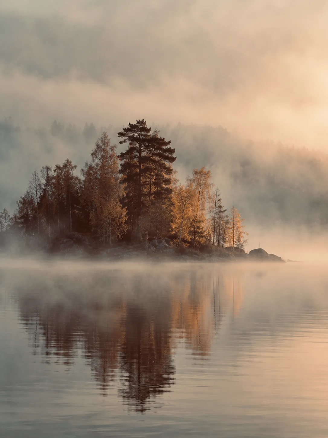 A small wooded island with golden birches and a tall pine, reflected in still water under drifting fog.