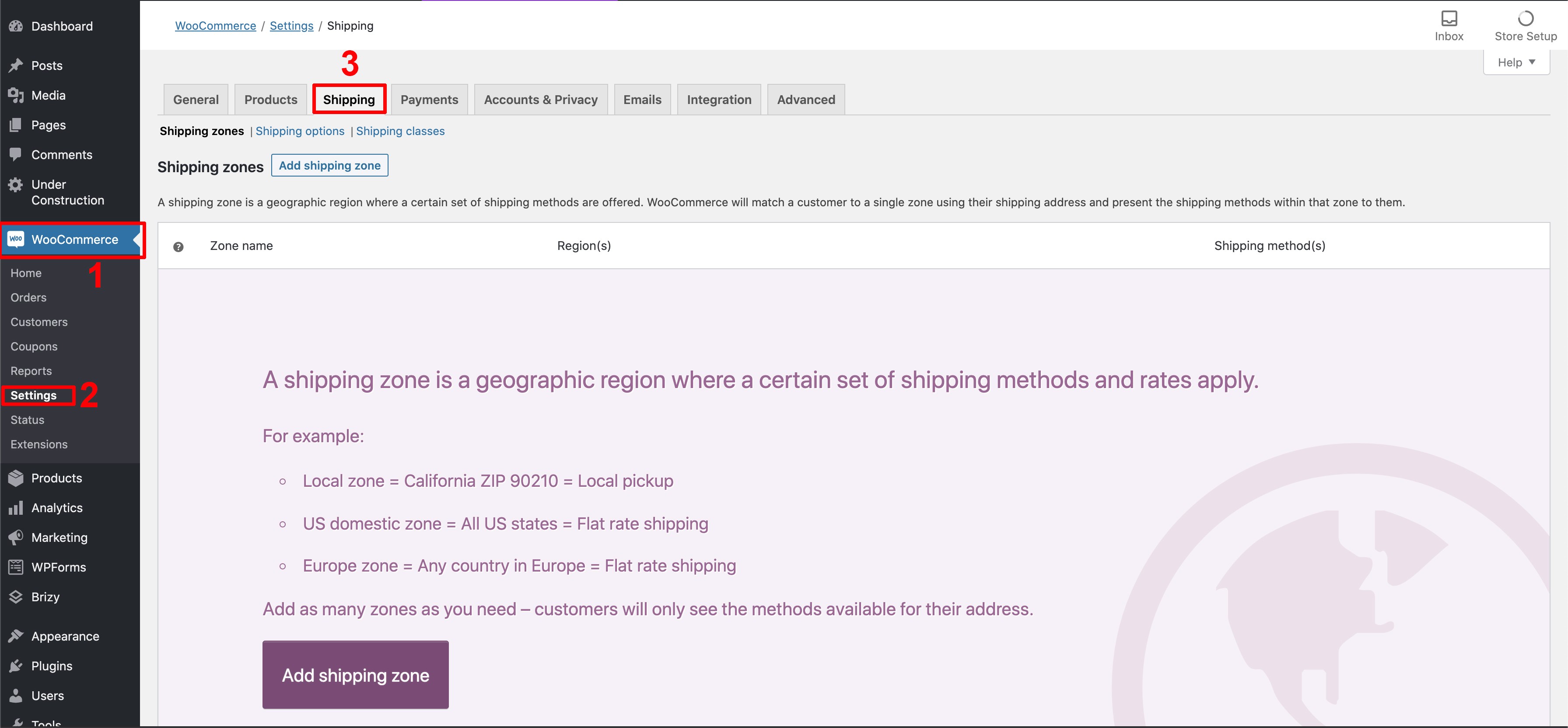 Woocommerce spedizioni: menu di spedizione