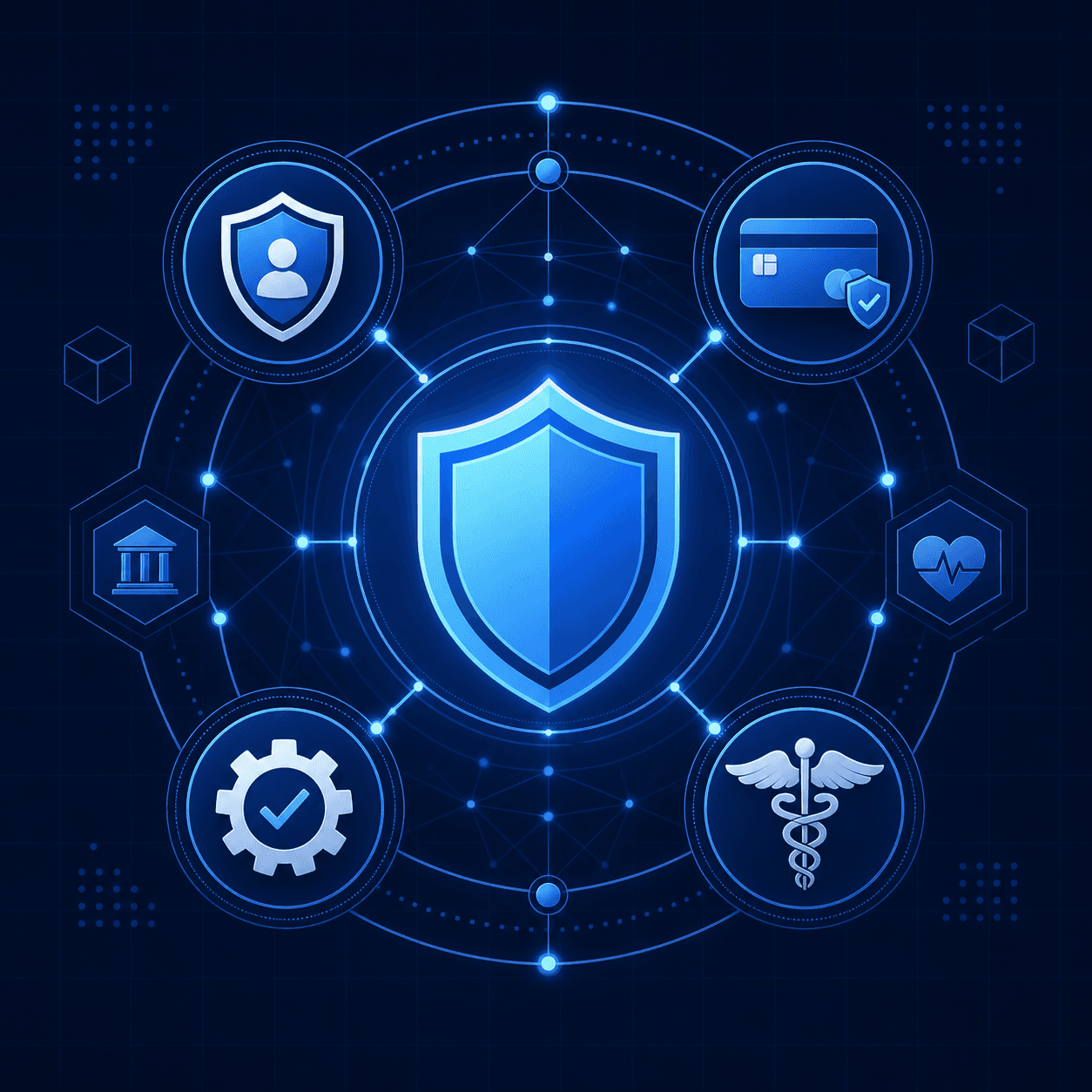 Abstract enterprise security and compliance visualization for fintech and healthcare industries. A clean digital shield at the center surrounded by interconnected certification badge icons arranged in a circular pattern. Glowing blue and indigo geometric lines connecting nodes representing SOC 2, PCI DSS, ISO 27001, HIPAA compliance frameworks. Dark navy background with subtle grid pattern. Flat modern corporate illustration style, no people, no text, no labels, no words, no letters.