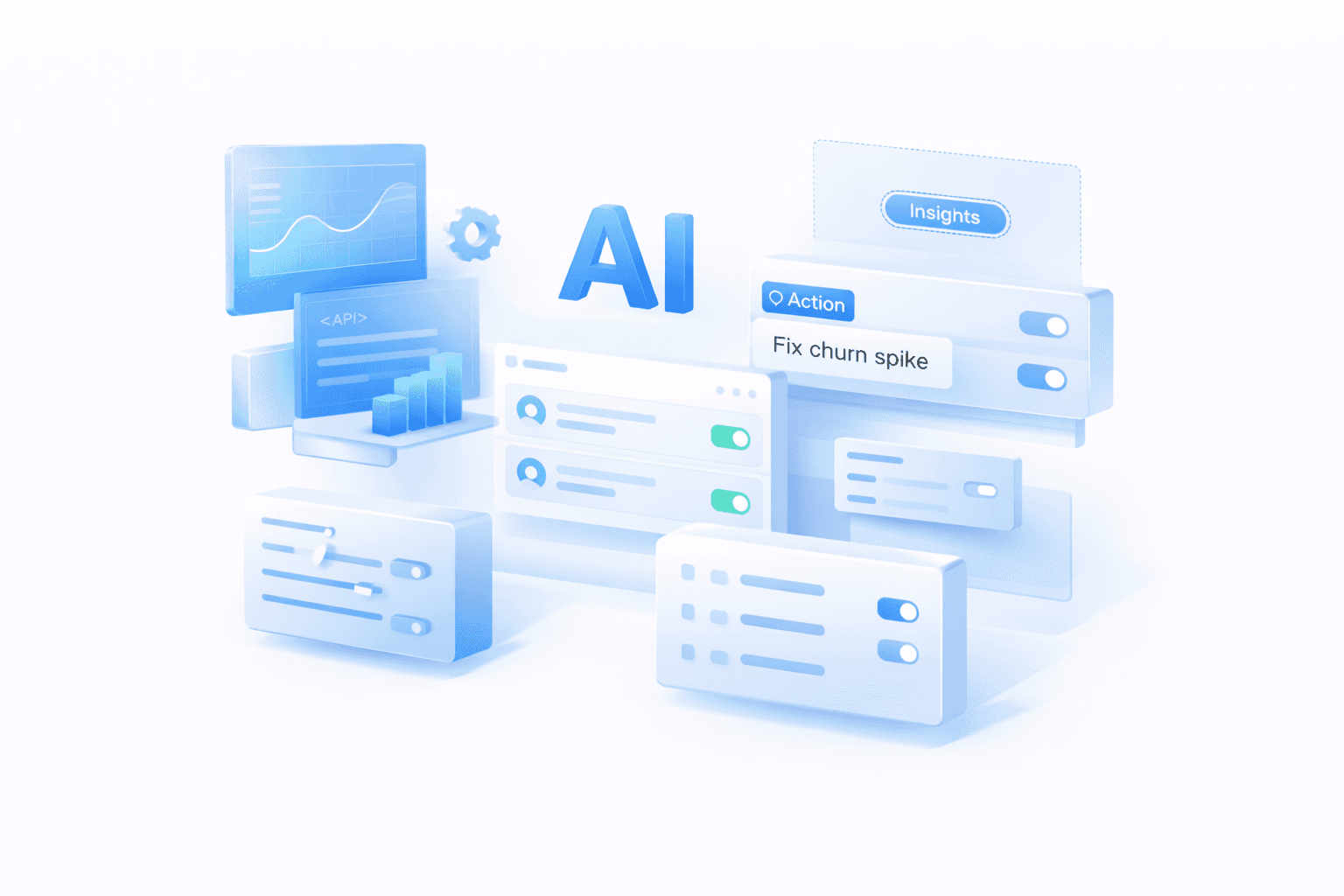 Envelope containing recommendations like “Fix churn spike” and “Action,” symbolizing actionable insights.
