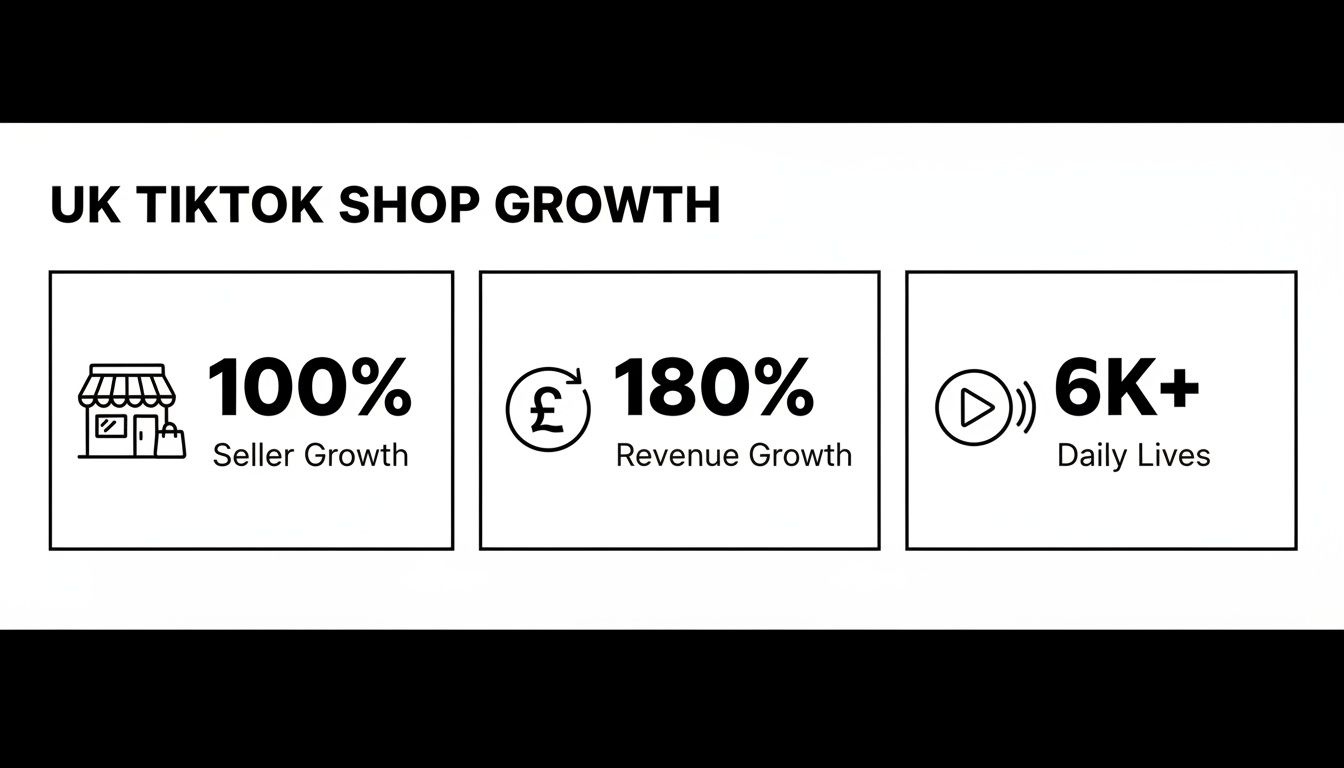 UK TikTok Shop growth statistics showing 100% seller, 180% revenue, and 6K+ daily lives.
