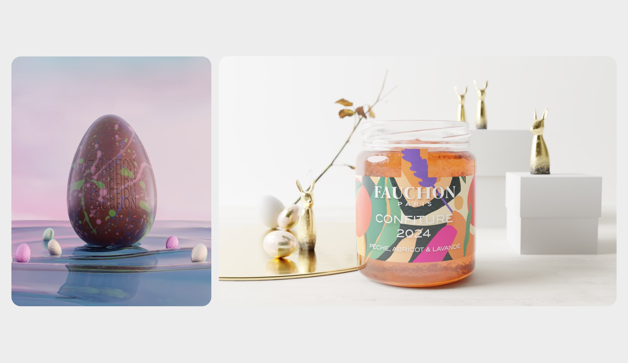 Digital Twin-based product photography. Fauchon chocolate egg in water ripples, Fauchon confiture can with golden rabbit statues. Easter theme.