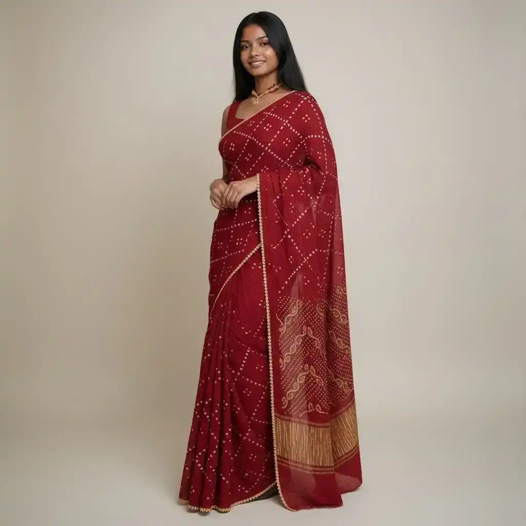 Maroon Bandhani Tie-Dye Saree with Zari Border