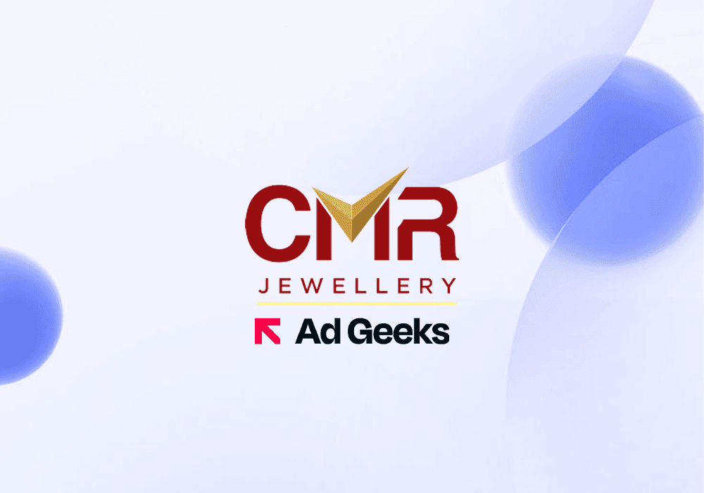 A promotional graphic showing two stacked white cards overlaid on a blue-toned bar-chart background: the top card features the GETDV360 logo (a multicolored dot cluster with the text “GET DV360”), and the bottom card displays the CMR Jewellery logo in burgundy and gold.