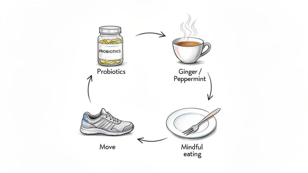 An illustration depicting a wellness cycle with probiotics, ginger/peppermint tea, mindful eating, and movement.