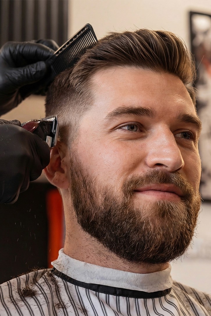 Barber holding clippers and comb near a man's hair