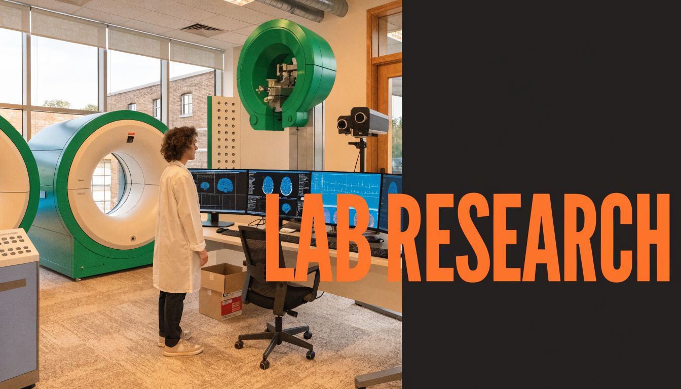 A researcher in a lab coat stands next to advanced medical imaging equipment in a research facility.