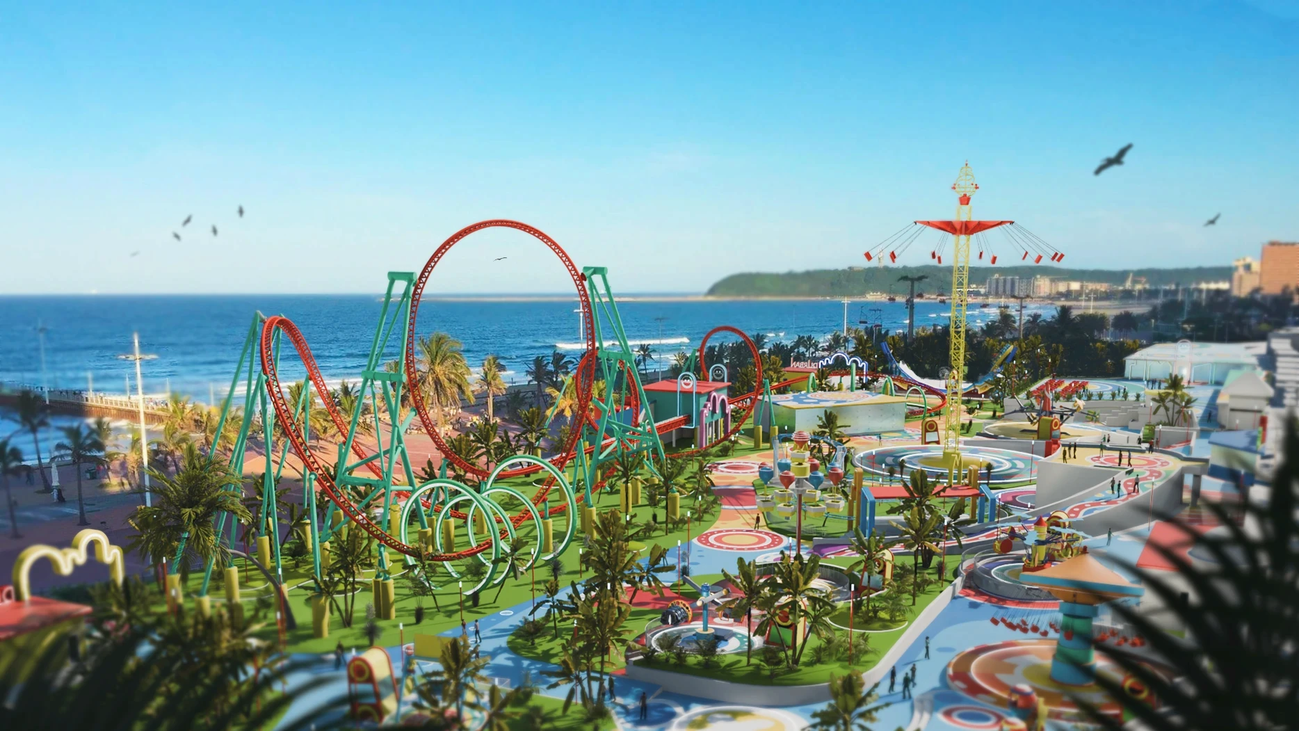 Aerial render of Durban Amusement Park on the Golden Mile beachfront