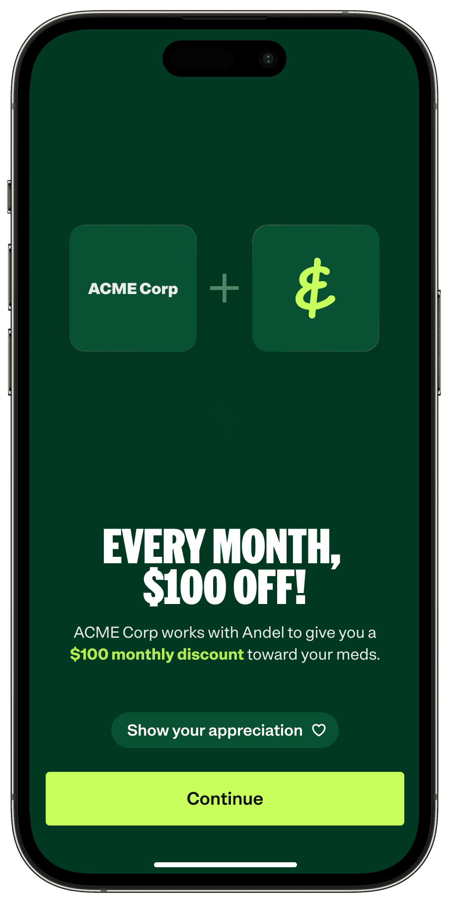 Promotional mobile pop-up with green background and falling confetti showing Dunder Mifflin logo plus a dollar icon, offering “Every month, $50 off” and a $50 monthly discount toward GLP-1 medications, with a “Continue” button at the bottom.
