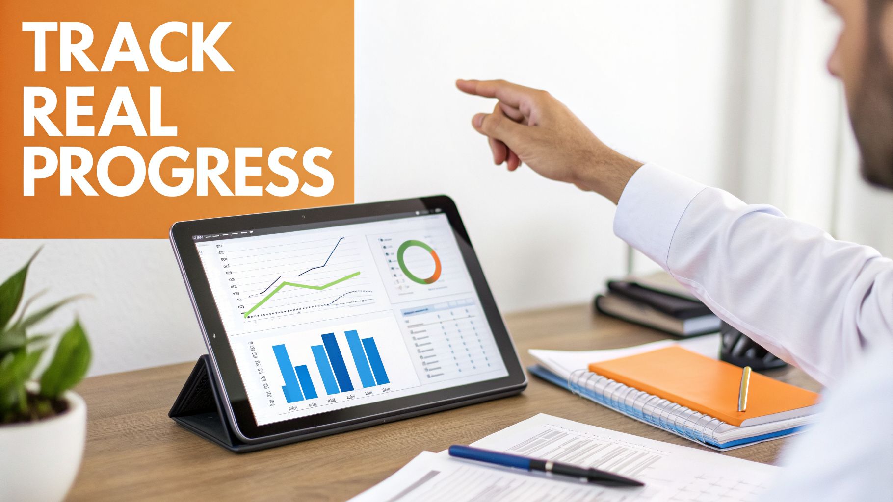 A person points at a tablet showing graphs and charts, with 'TRACK REAL PROGRESS' text on an orange background.