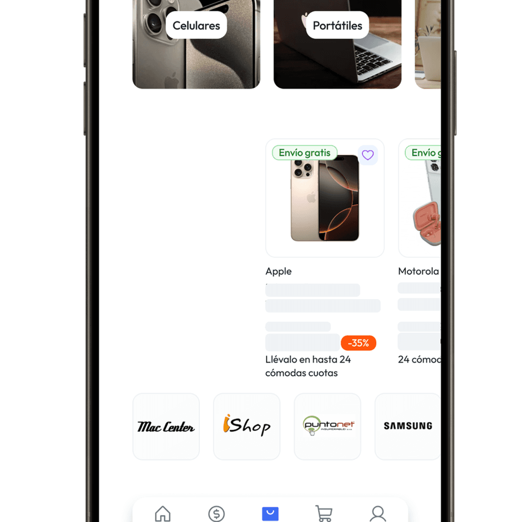 Interfaz de usuario del marketplace de Addi mostrando tarjetas de productos con precios y opción de compra en un diseño limpio y moderno.
