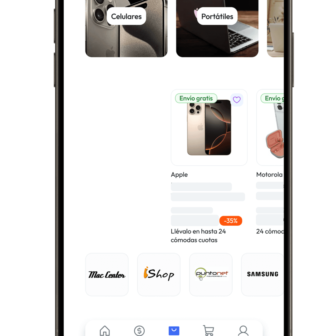 Interfaz de usuario del marketplace de Addi mostrando tarjetas de productos con precios y opción de compra en un diseño limpio y moderno.