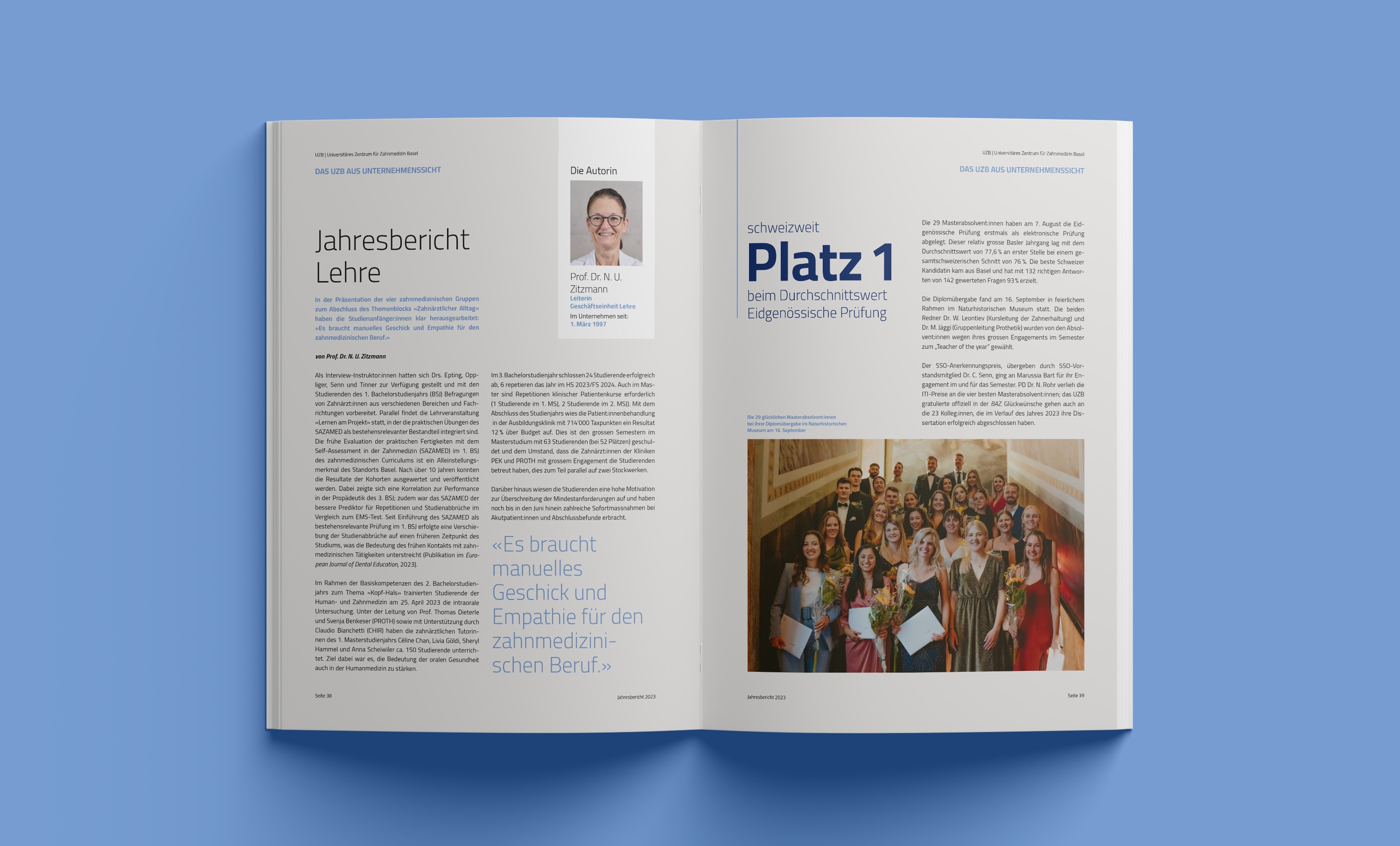 Layoutgestaltung des UZB Jahresberichts 2023 – präzise Rasterstruktur und klare Hierarchie im Editorial Design