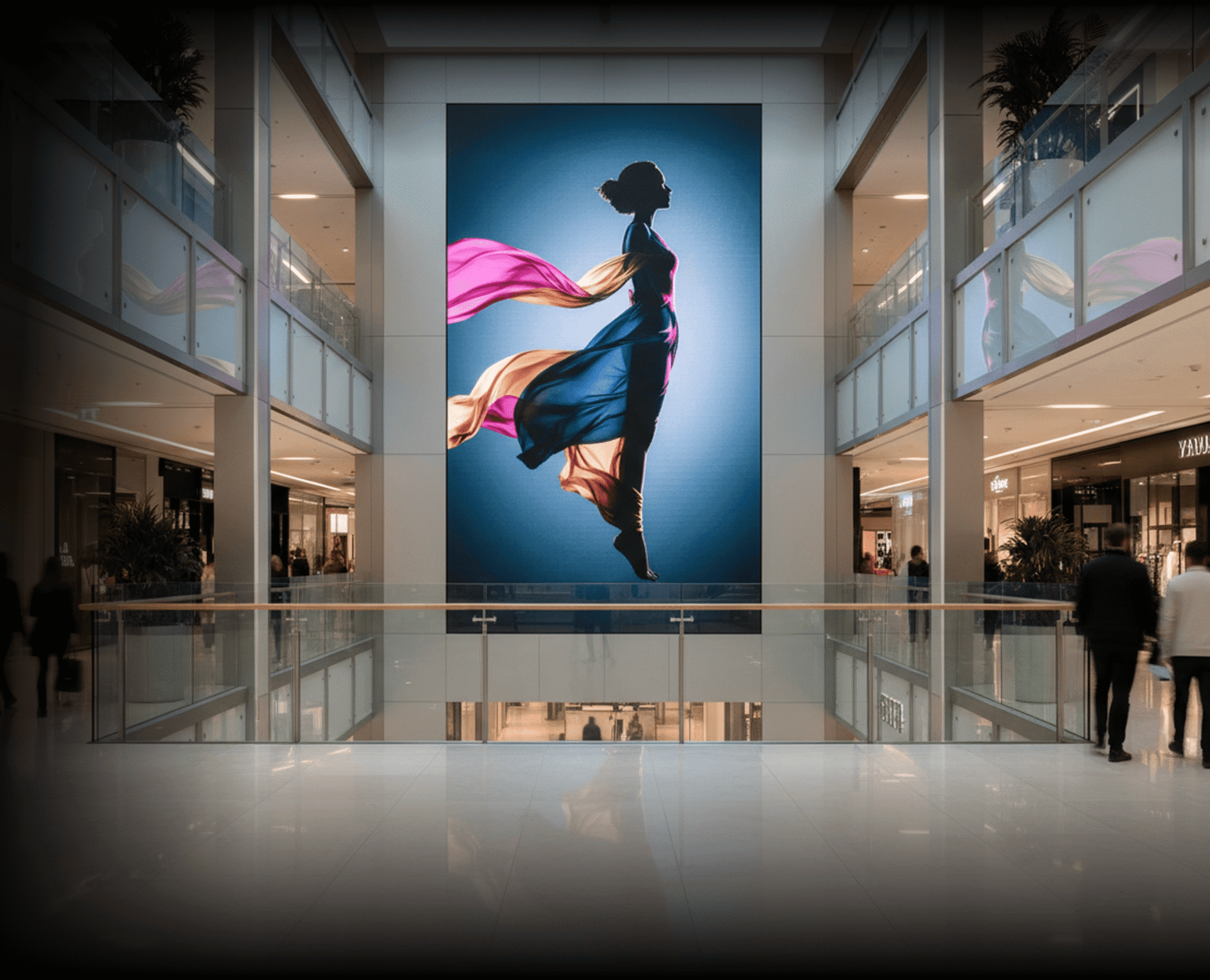 Everglow LED display delivering dynamic digital content inside a luxury shopping mall