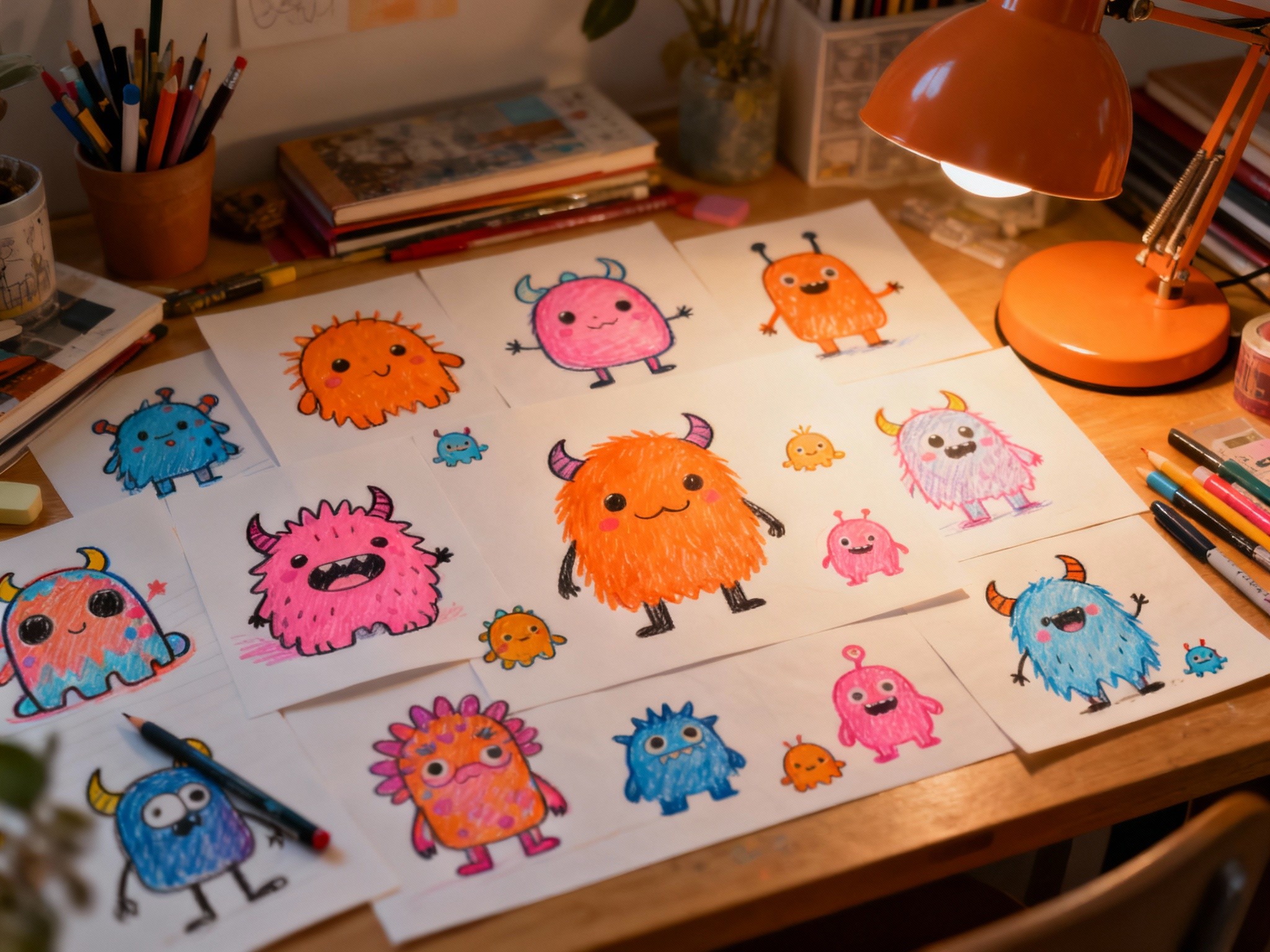 A vibrant wide landscape scene depicting a cozy indoor desk cluttered with colorful cute doodle