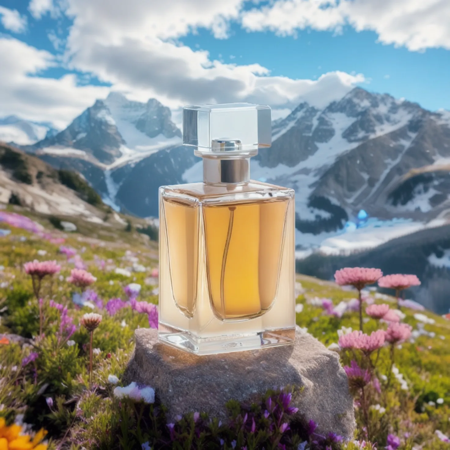 Perfume placed among mountain grass, composited into the background using AI.