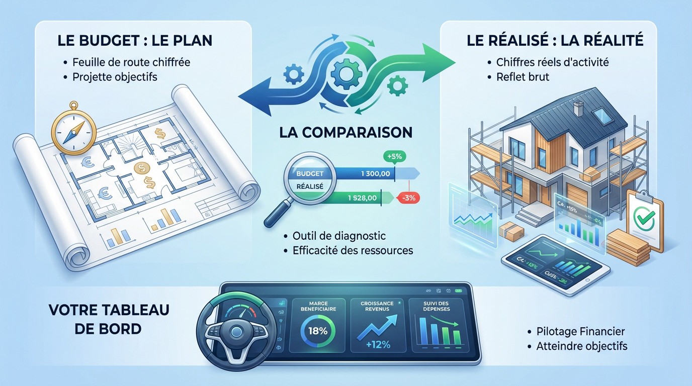 Infographie illustrant l'analyse des écarts entre le budget prévisionnel et le réalisé pour un meilleur pilotage financier