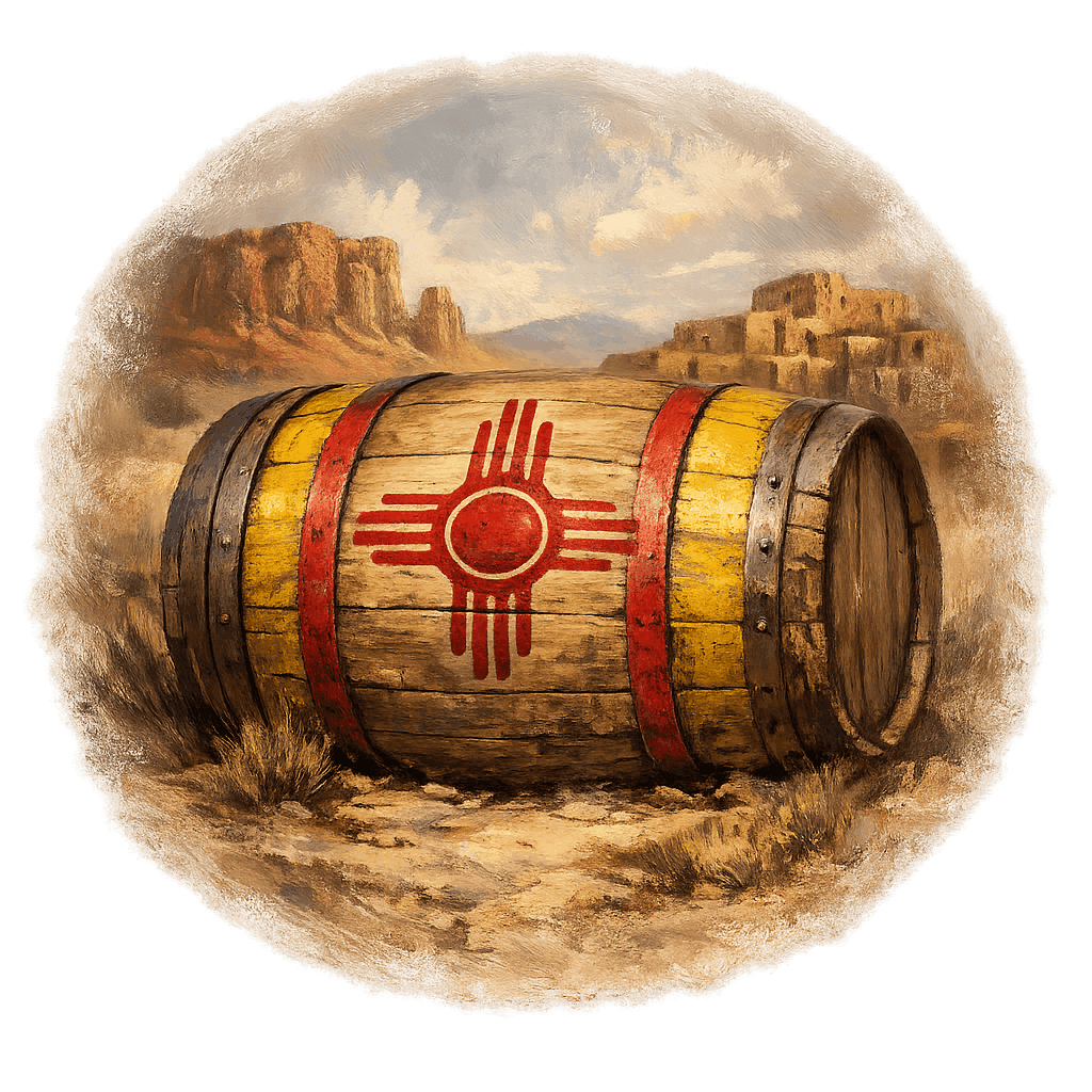 Wine barrel featuring the New Mexico national emblem for regional wine education.