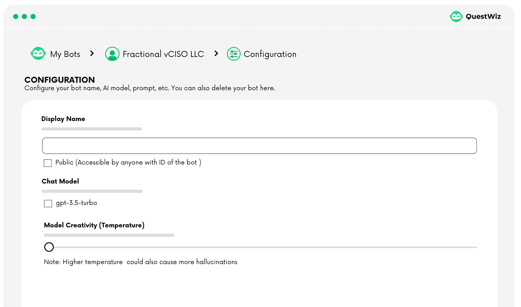 QuestWiz-Chatbot-configuration-Screen