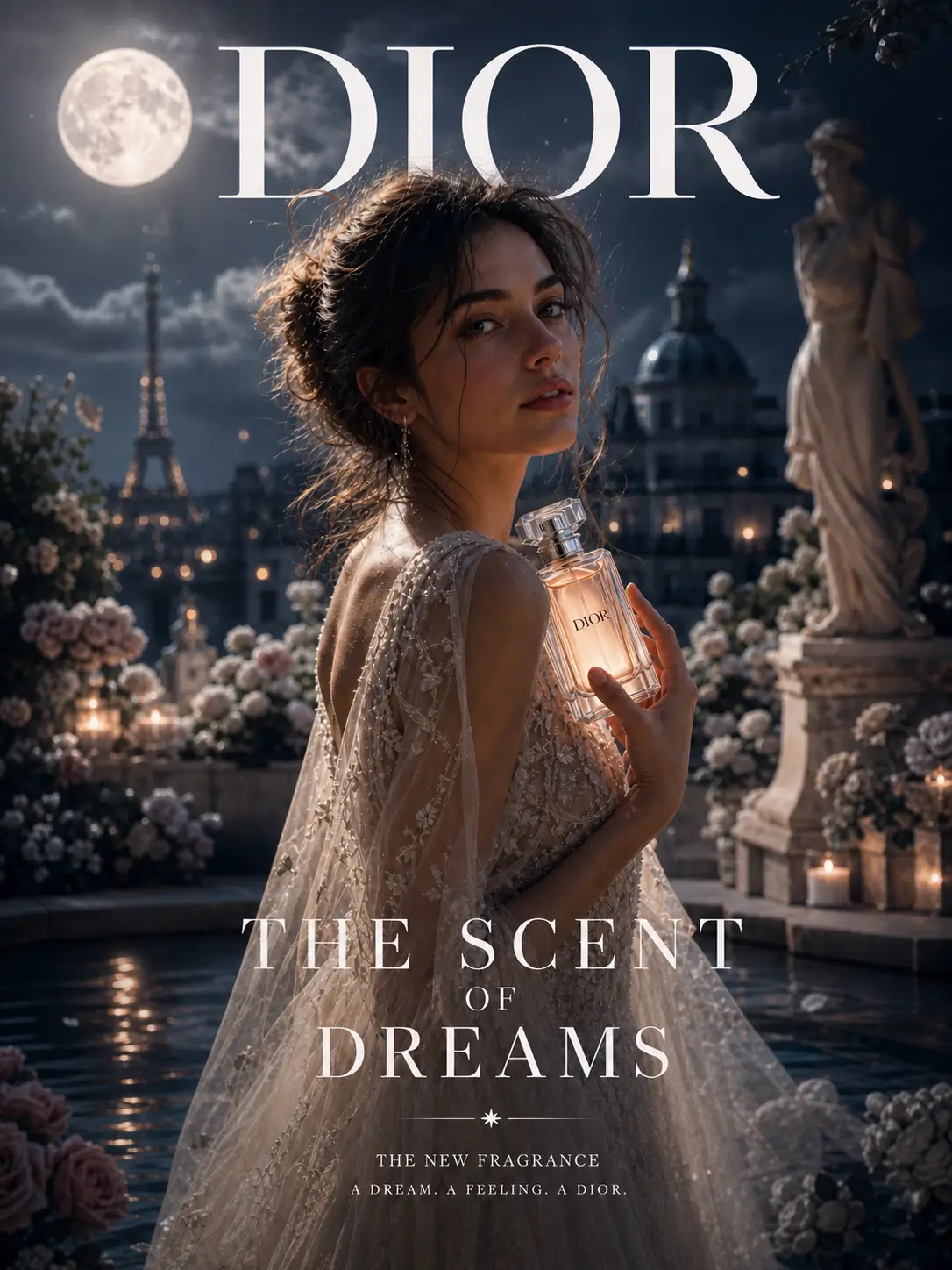 AI-generated Dior fragrance poster of an elegant woman in a dreamy Parisian setting, conveying beauty, luxury, and soft romance.