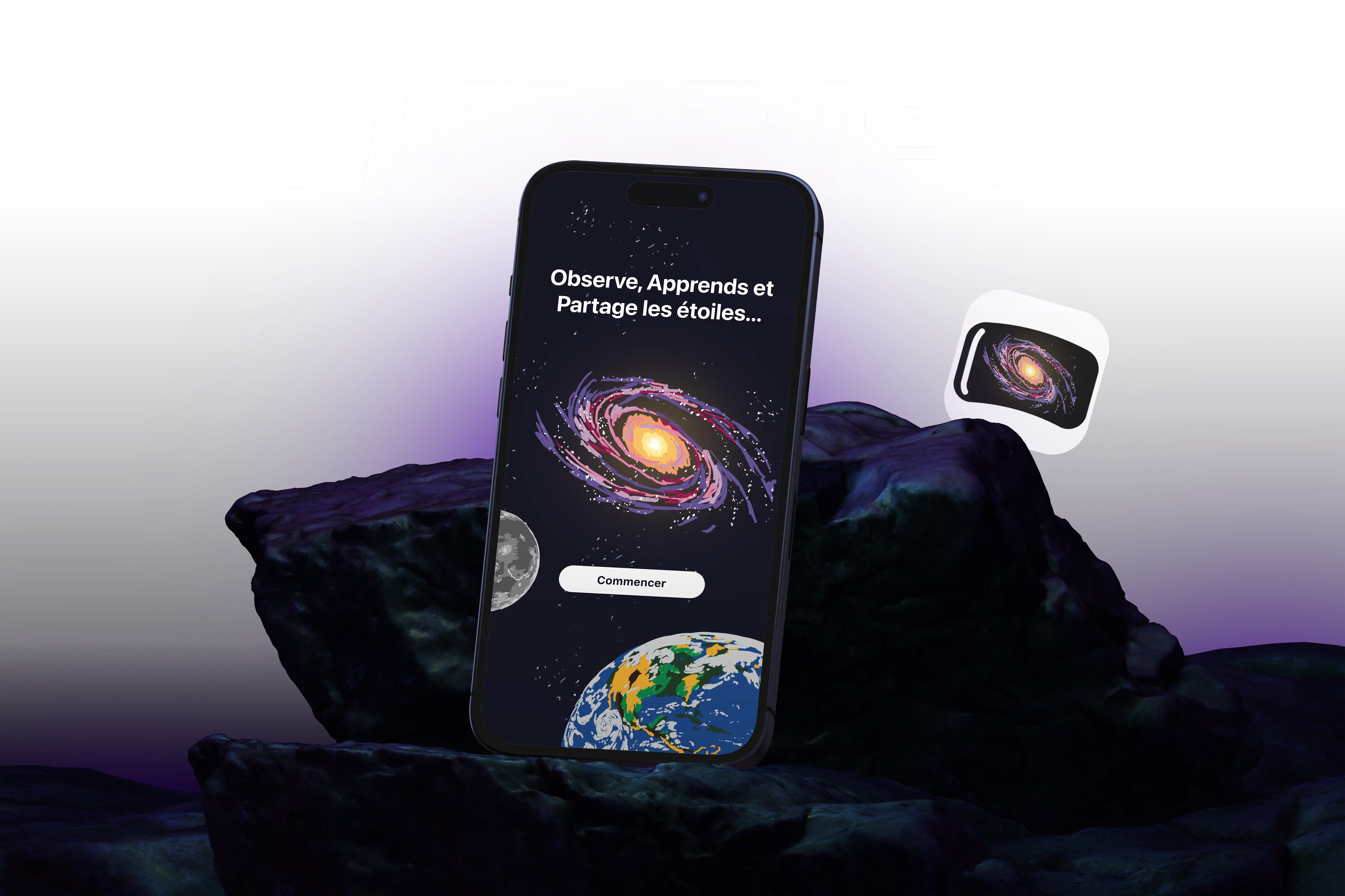 Interface utilisateur Skyrise : Mockup haute fidélité sur iPhone illustrant l'immersion visuelle et le respect des standards iOS pour une navigation intuitive dans l'écosystème spatial.