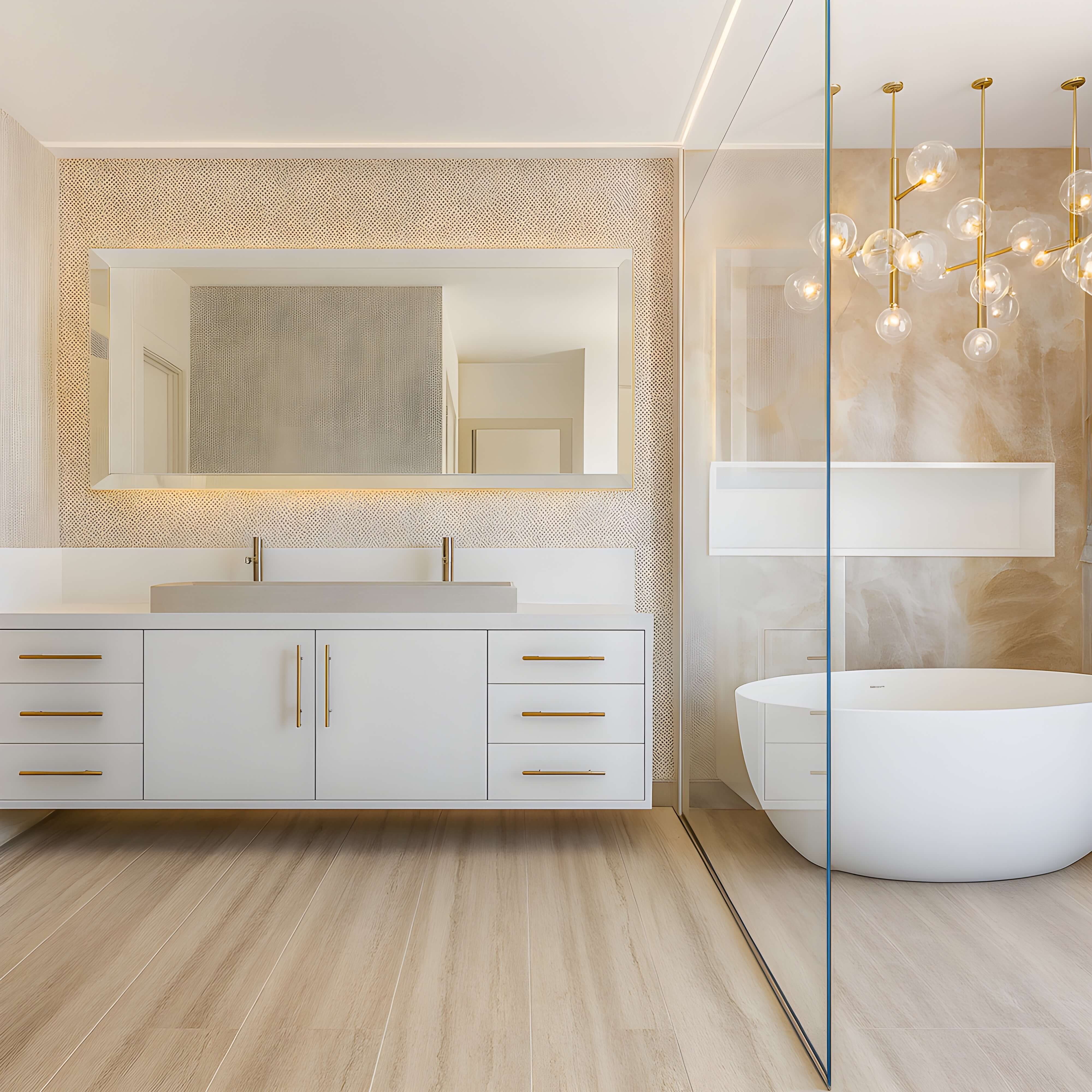 Elegant bathroom featuring a floating white vanity with gold hardware, a large framed mirror, modern freestanding tub, glass shower partition, and statement bubble chandelier.