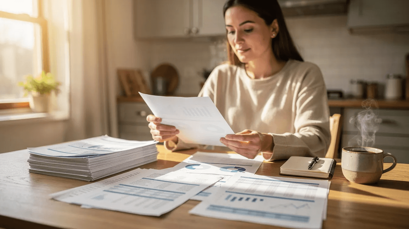 A calm person sits at a kitchen table, reviewing financial papers with a cup of coffee nearby, embodying a decision-making process focused on personal finances and financial goals. This moment reflects the importance of making informed decisions and assessing necessary adjustments to achieve a confident financial future.
