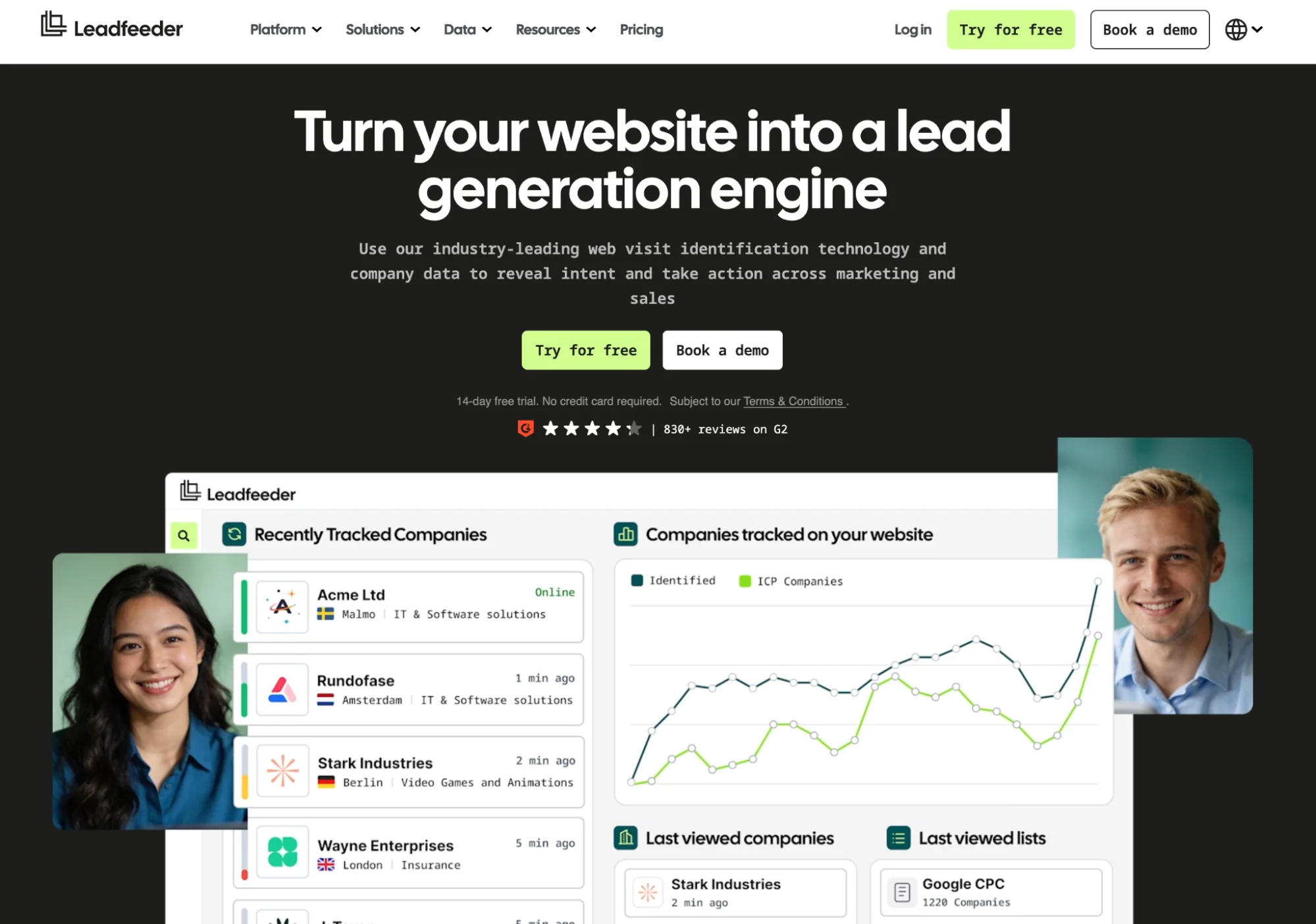 Leadfeeder homepage: website visitor tracking for B2B lead generation and data enrichment
