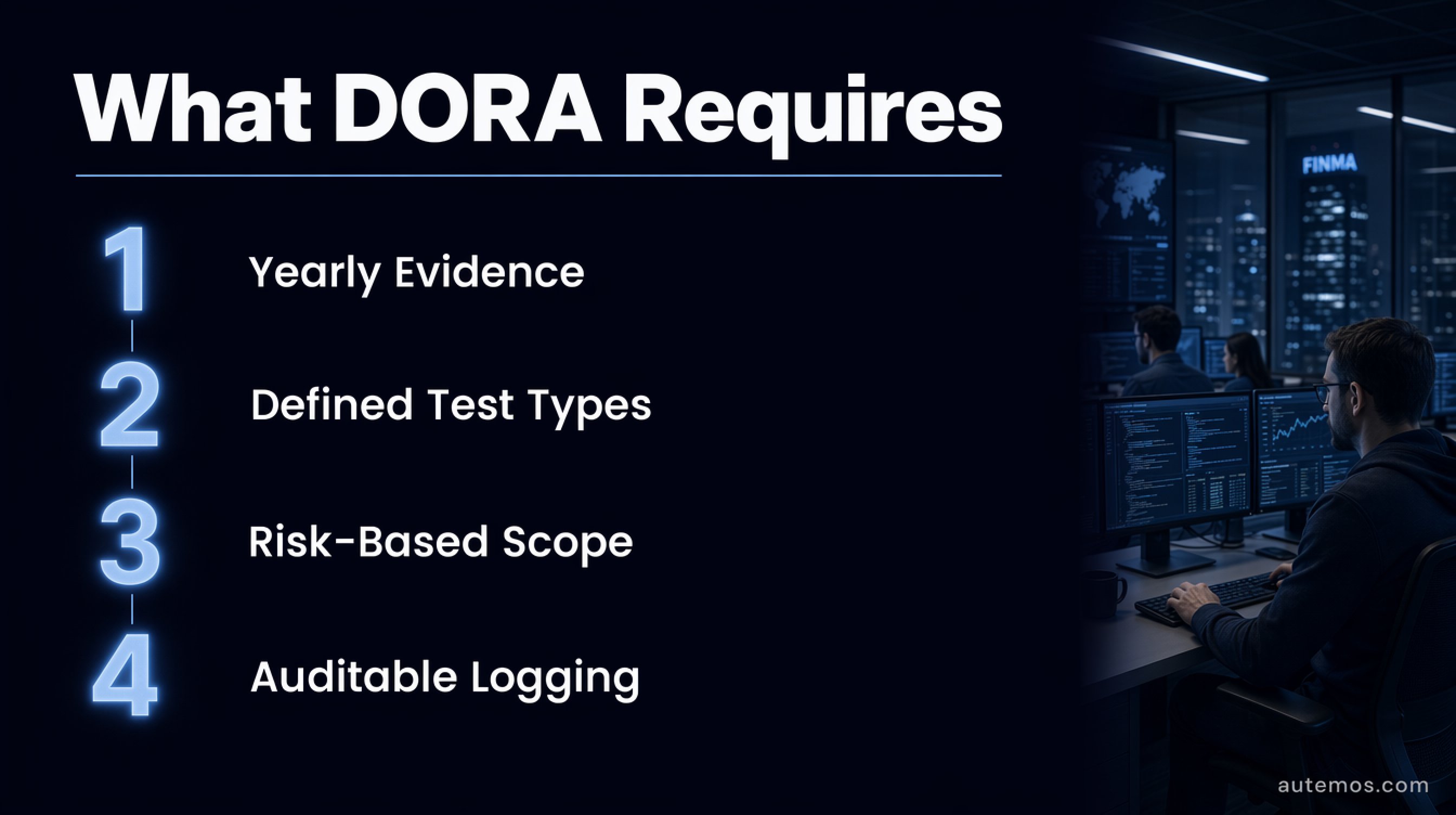 Four DORA obligations as a checklist: yearly evidence, defined test types, risk-based scope and auditable logging.