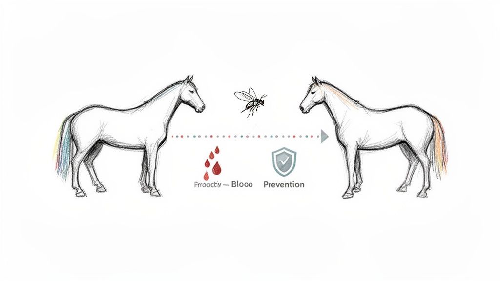 Illustration shows horses, a fly, blood, and a shield, symbolizing equine disease transmission and prevention.