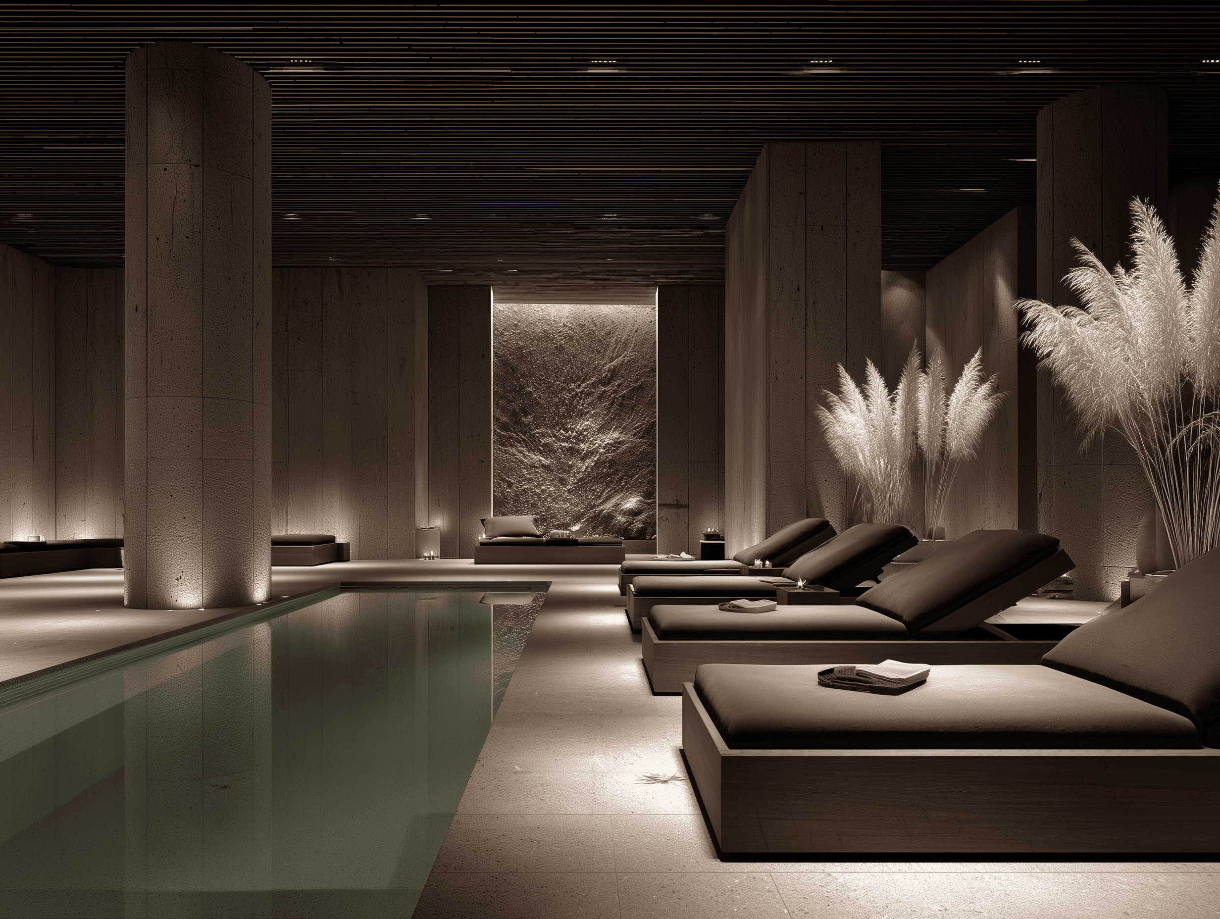 A serene indoor pool area with dark wood ceilings, featuring several lounge chairs lined up beside a narrow lap pool.