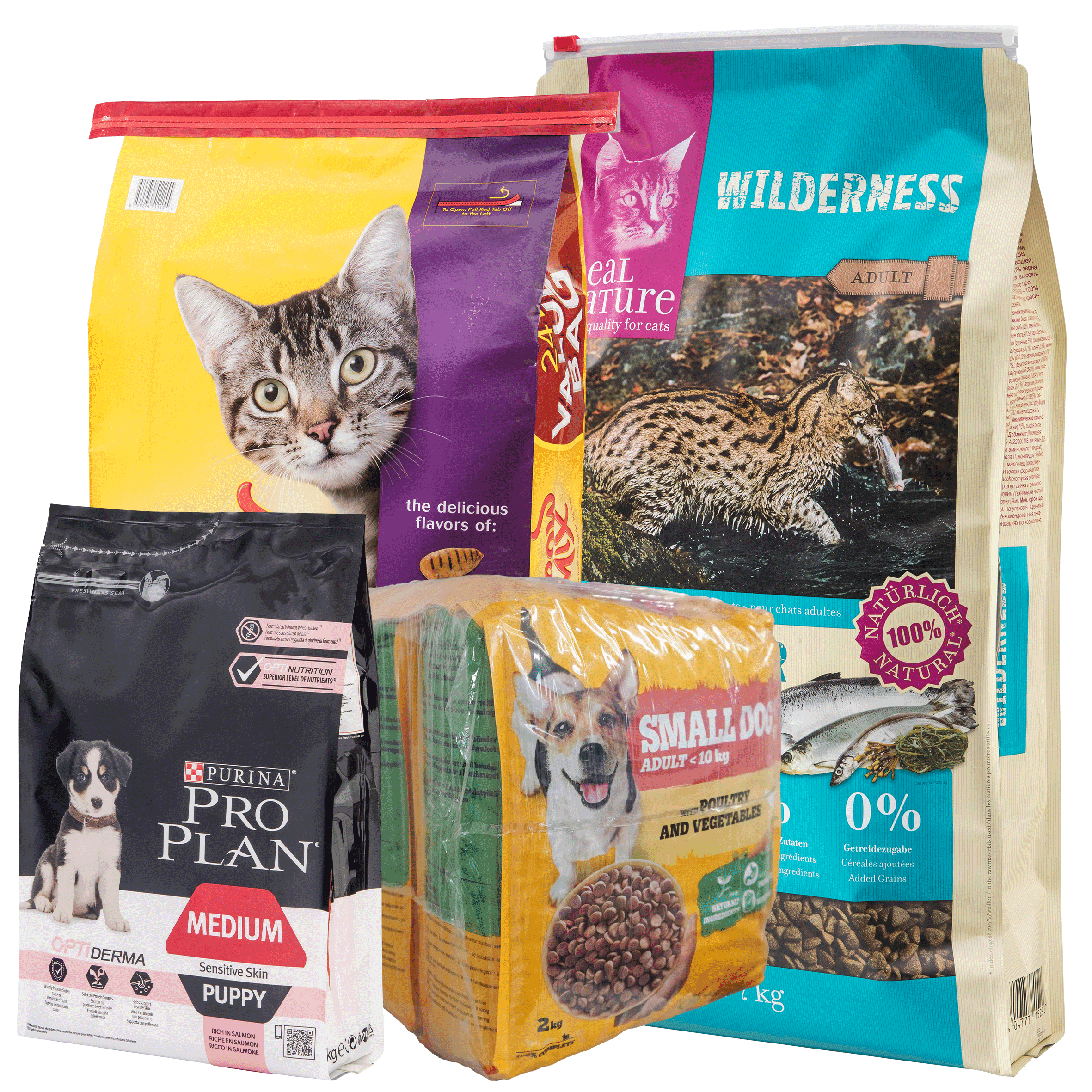 Verschiedene Trockenfutter-Marken für Hunde und Katzen: Purina Pro Plan, Wilderness, etc.