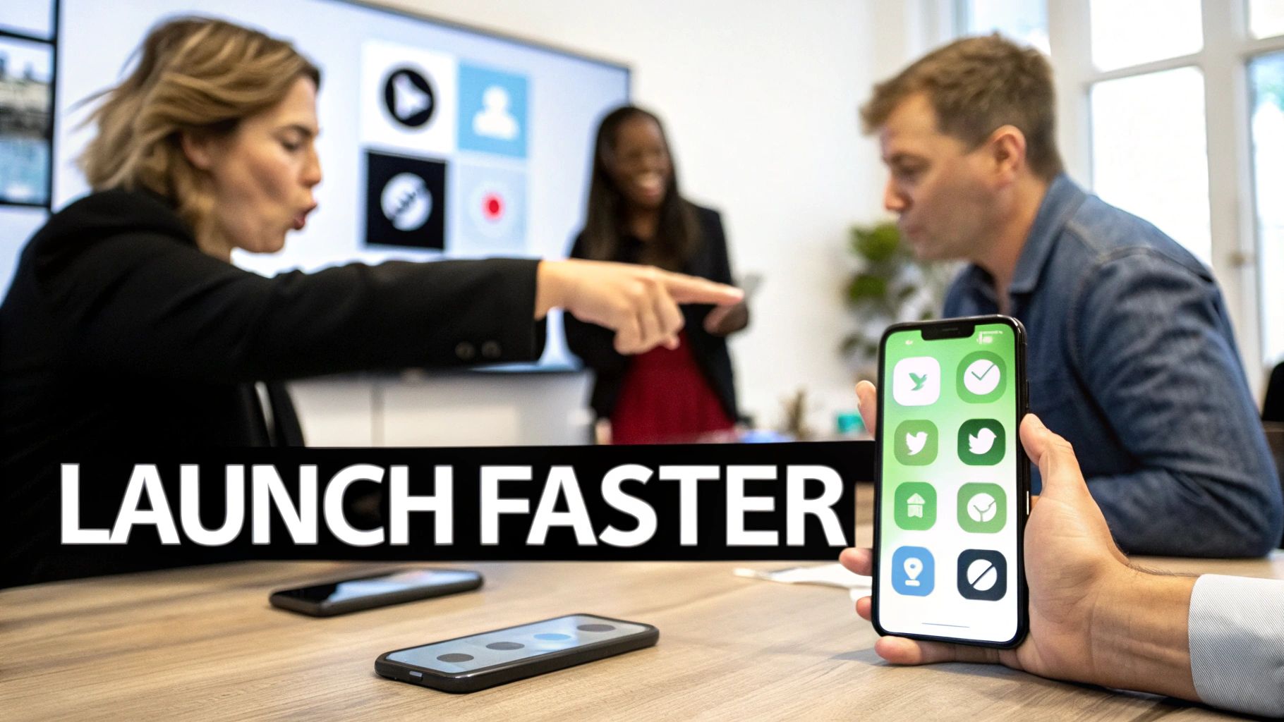 A group of diverse business professionals collaborating around a tablet showing app analytics, symbolizing strategic growth.