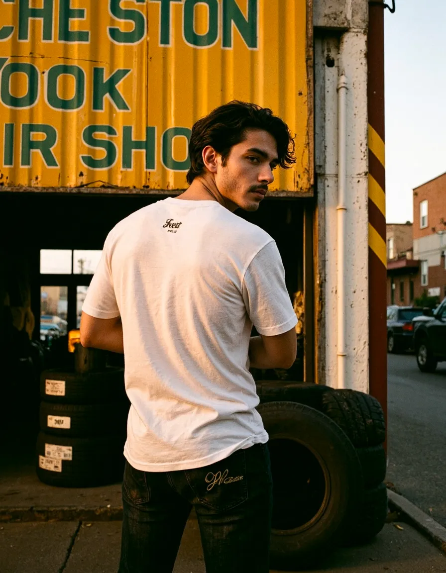 Man in white t-shirt poses against yellow urban signage in street style fashion photography